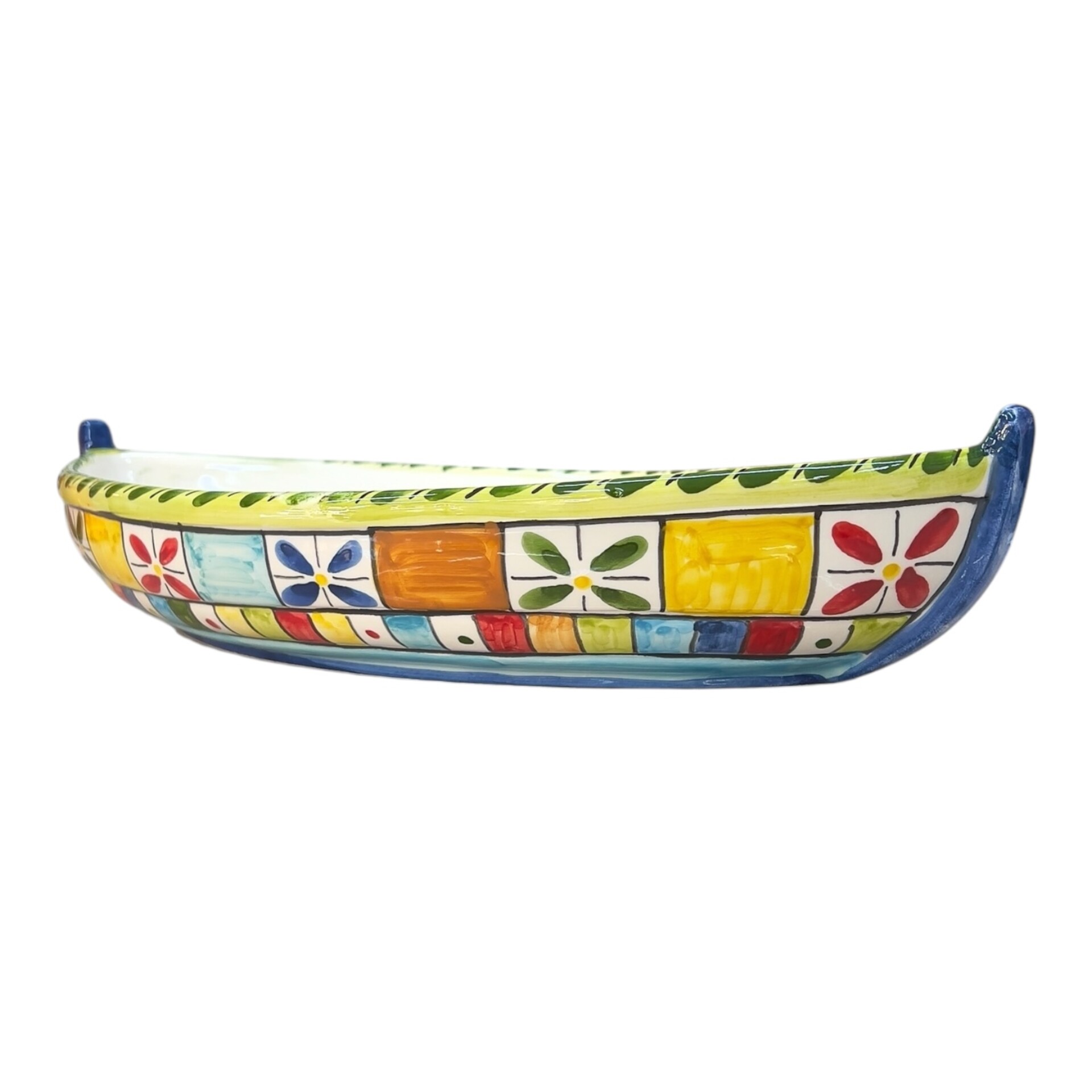 Piatto centrotavola forma barca in ceramica sicilia decoro carretto siciliano Produzione artigianale di Santo Stefano di Camastra Lunghezza 37cm
