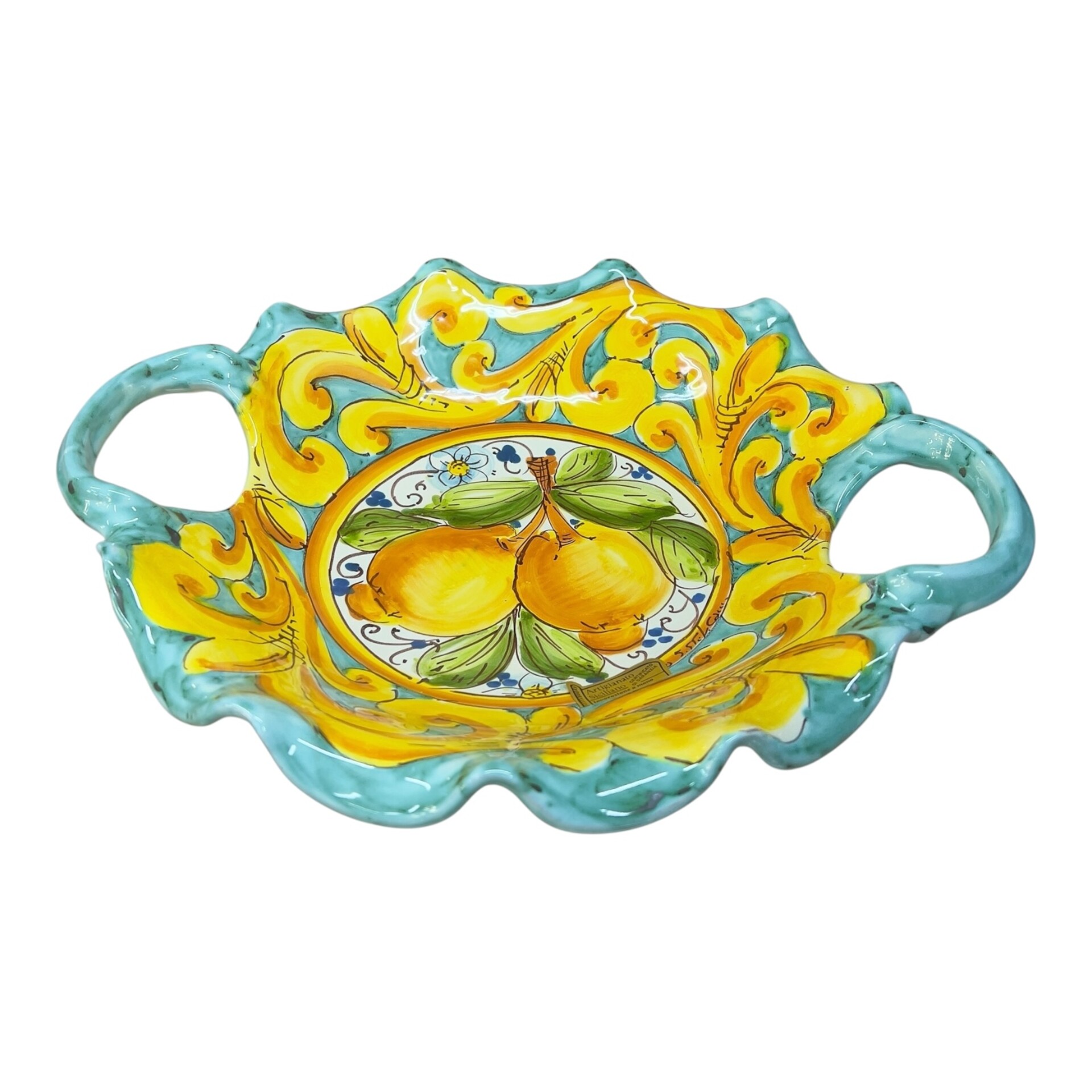 Centrotavola smerlato con manici in ceramica siciliana decoro ornato con limoni Produzione artigianale di Santo Stefano di Camastra Diametro 30cm