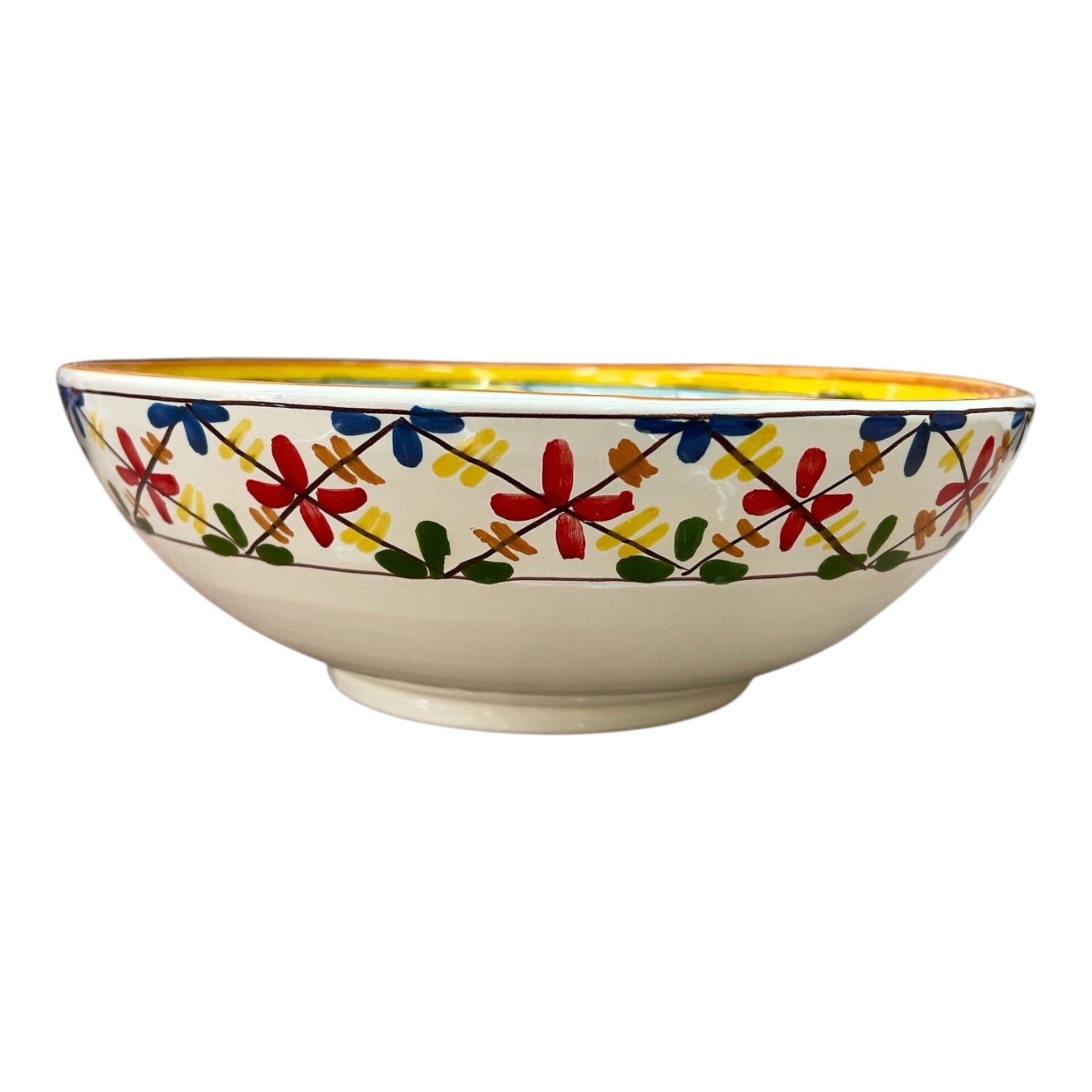 Ciotola centrotavola in ceramica siciliana decoro con fichi d’india fondo celeste Produzione artigianale di Santo Stefano di Camastra Diametro 30cm