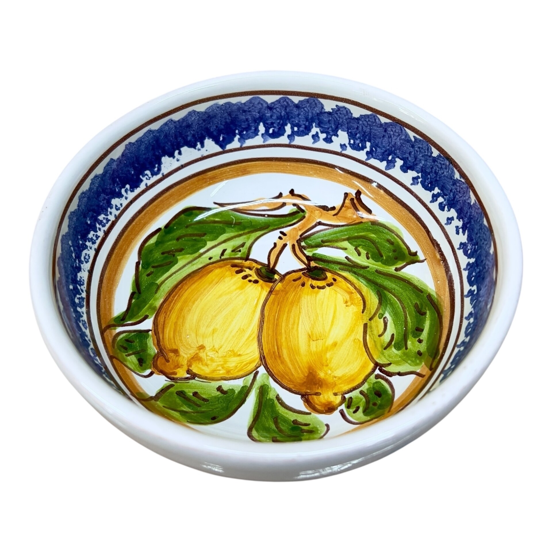 Ciotolina antipastiera in ceramica siciliana decoro spugnato con limoni Produzione artigianale di Santo Stefano di Camastra Diametro 12cm