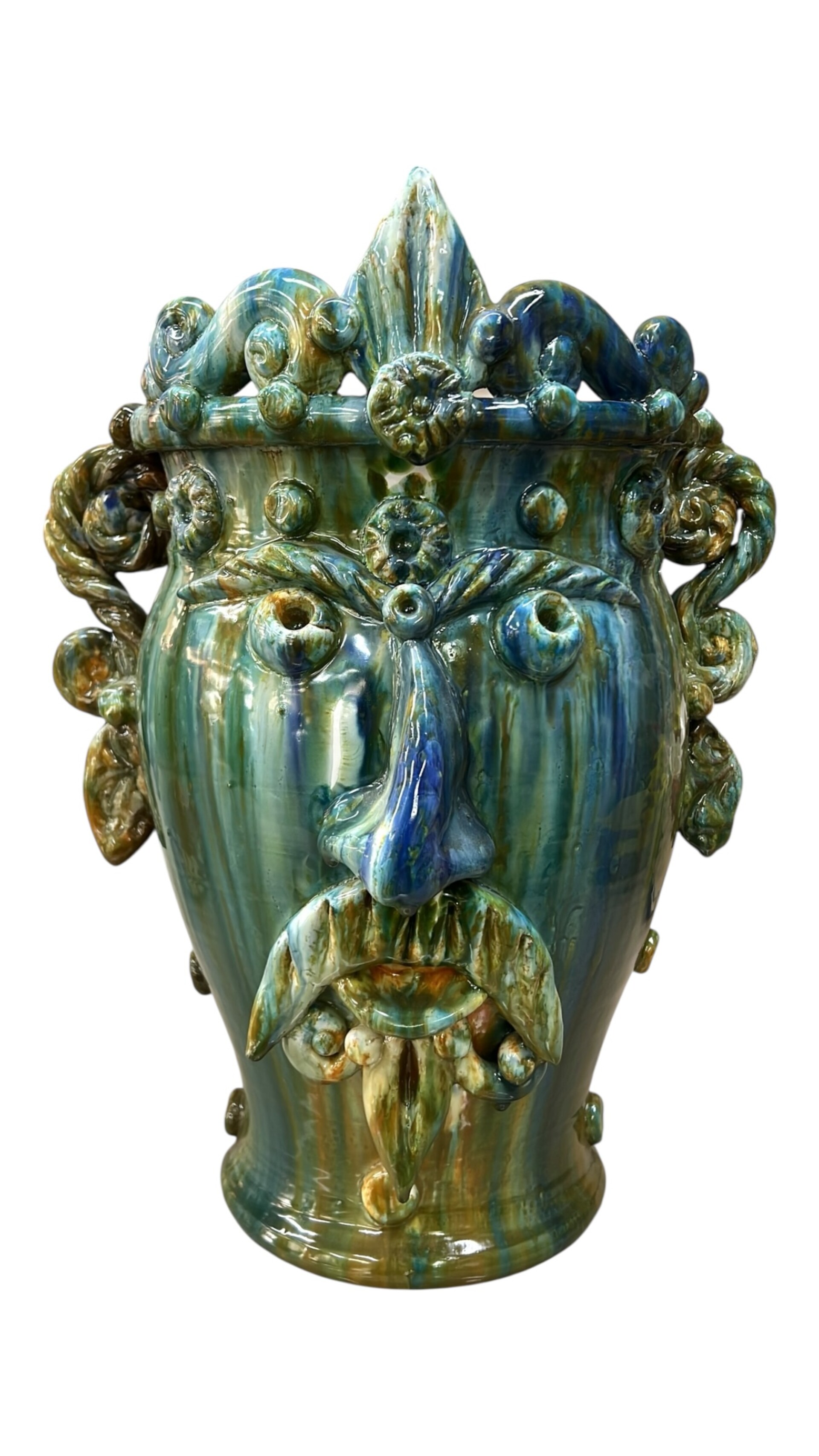 Testa di moro collezione I Miti vaso Sikano decoro blu e verde Produzione artigianale di Santo Stefano di Camastra h.35cm