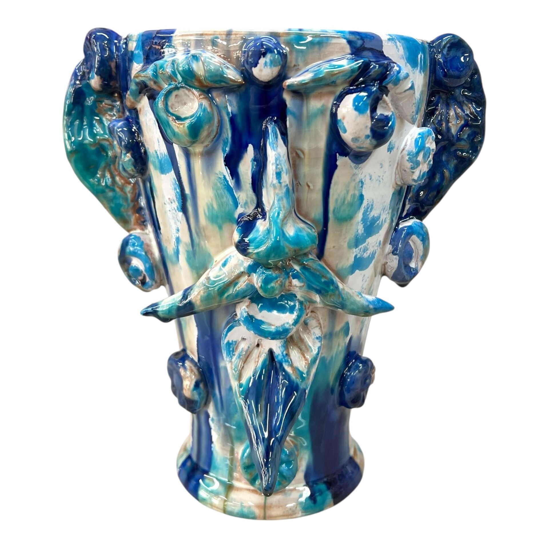 Testa di moro collezione I Miti vaso Sikano decoro blu, bianco e azzurro Produzione artigianale di Santo Stefano di Camastra h.22cm