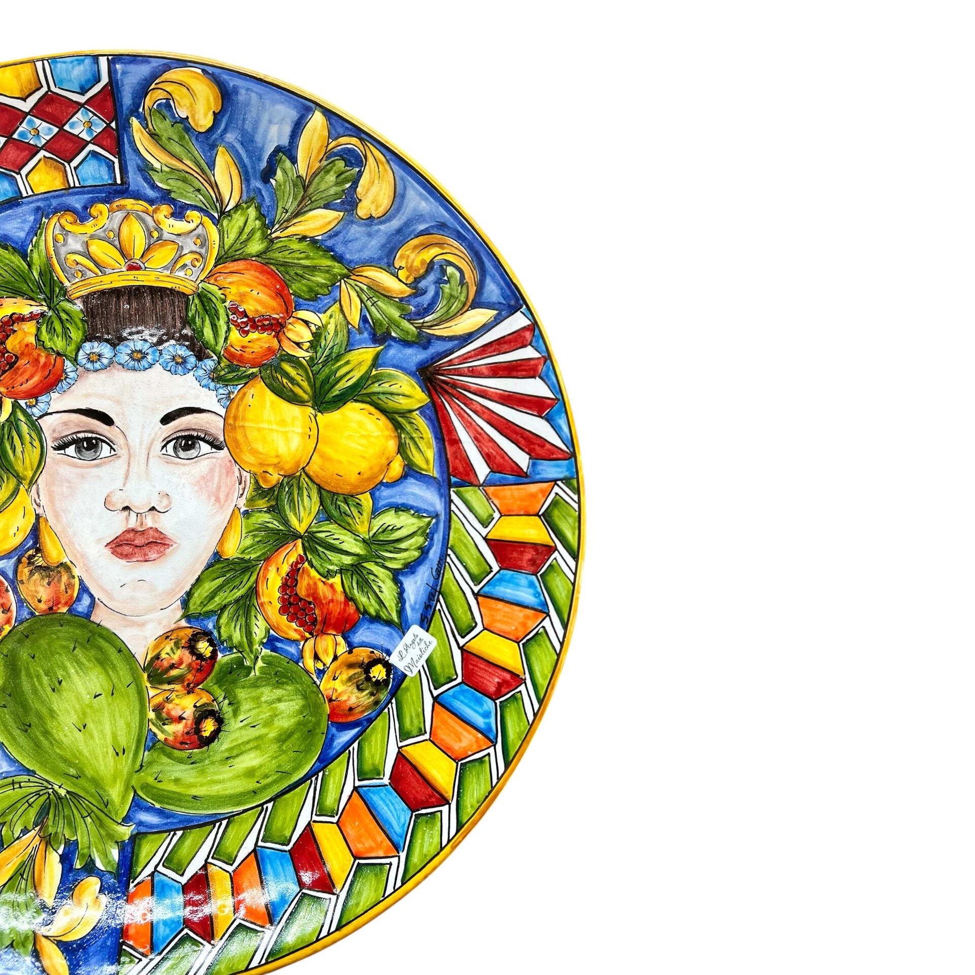 Piatto ornamentale da parete in ceramica siciliana decoro Regina con frutta siciliana Produzione artigianale di Santo Stefano di Camastra Diametro 57cm