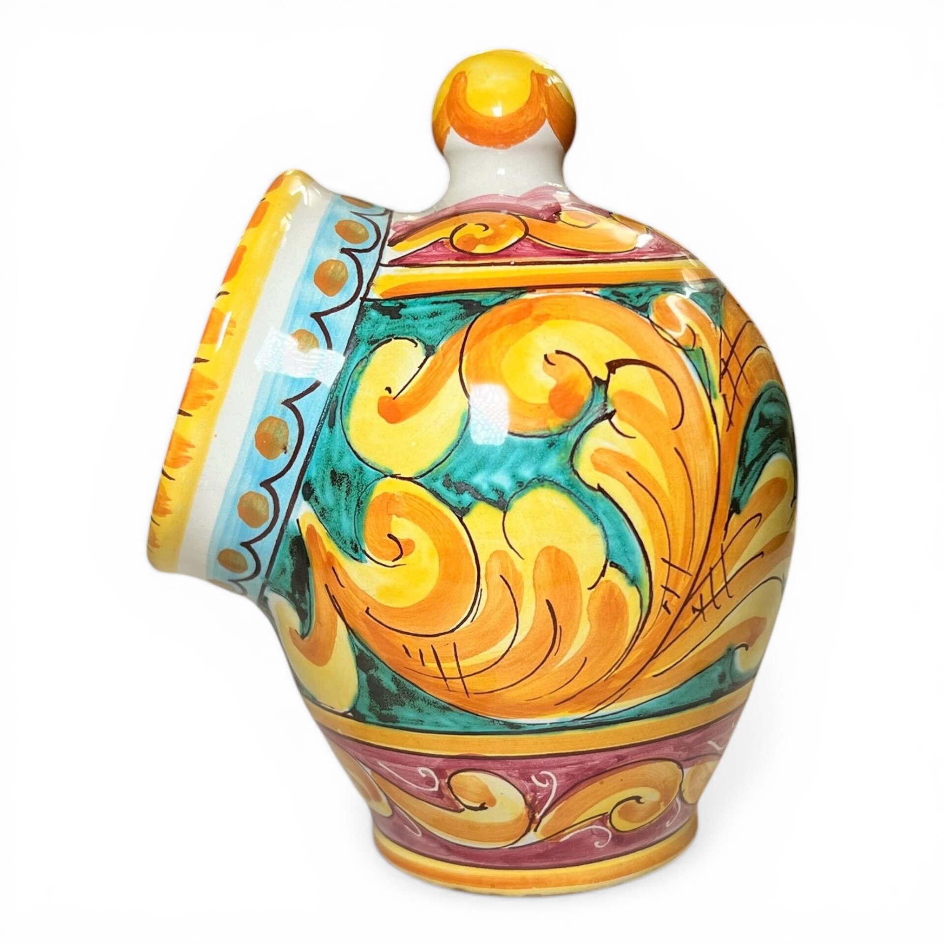 Saliera a salvadanaio in ceramica siciliana decoro barocco giallo fondo verde e bordeaux Produzione artigianale di Santo Stefano di Camastra h.20cm
