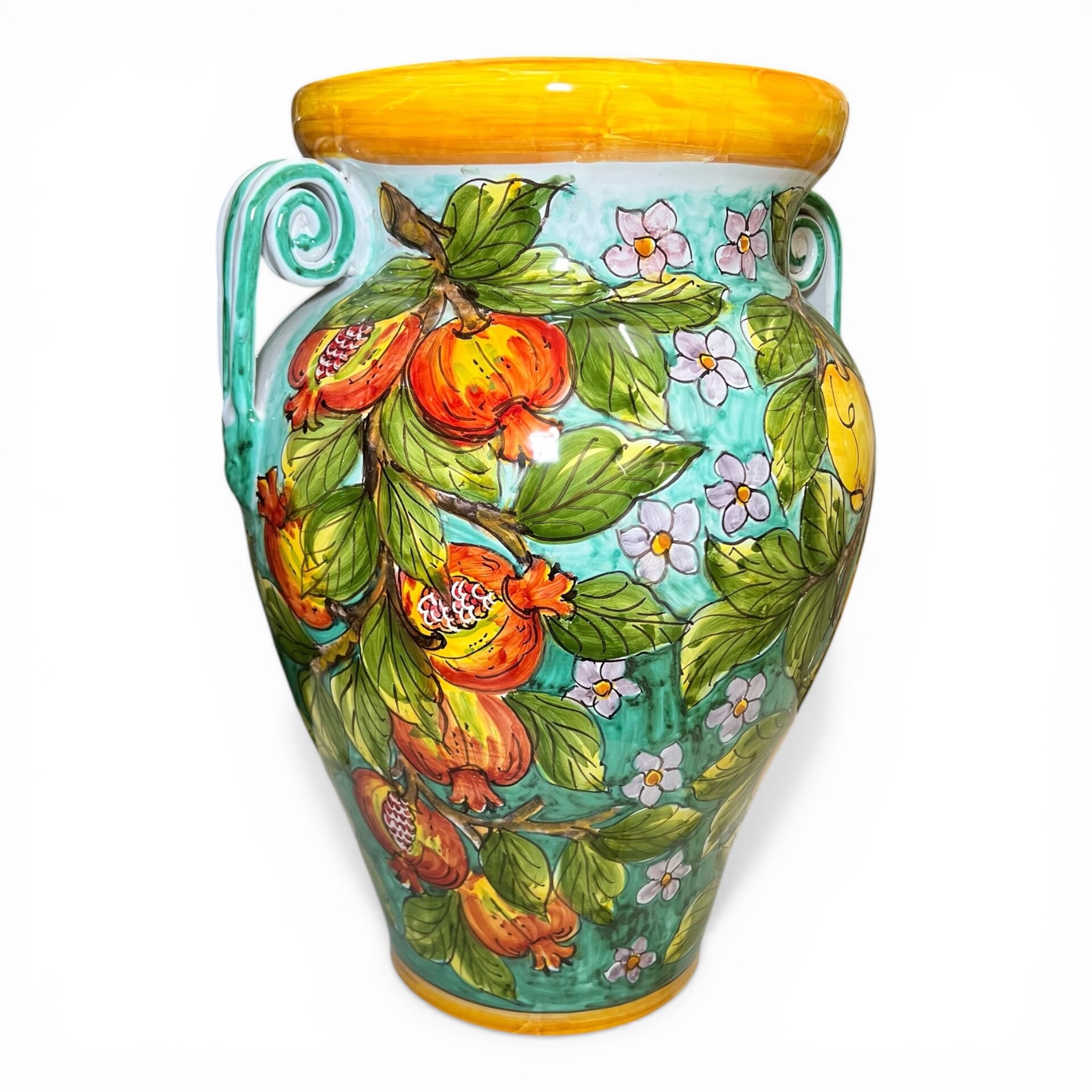 Porta ombrelli in ceramica siciliana decoro limoni e melograni fondo verde Produzione artigianale di Santo Stefano di Camastra h.50cm