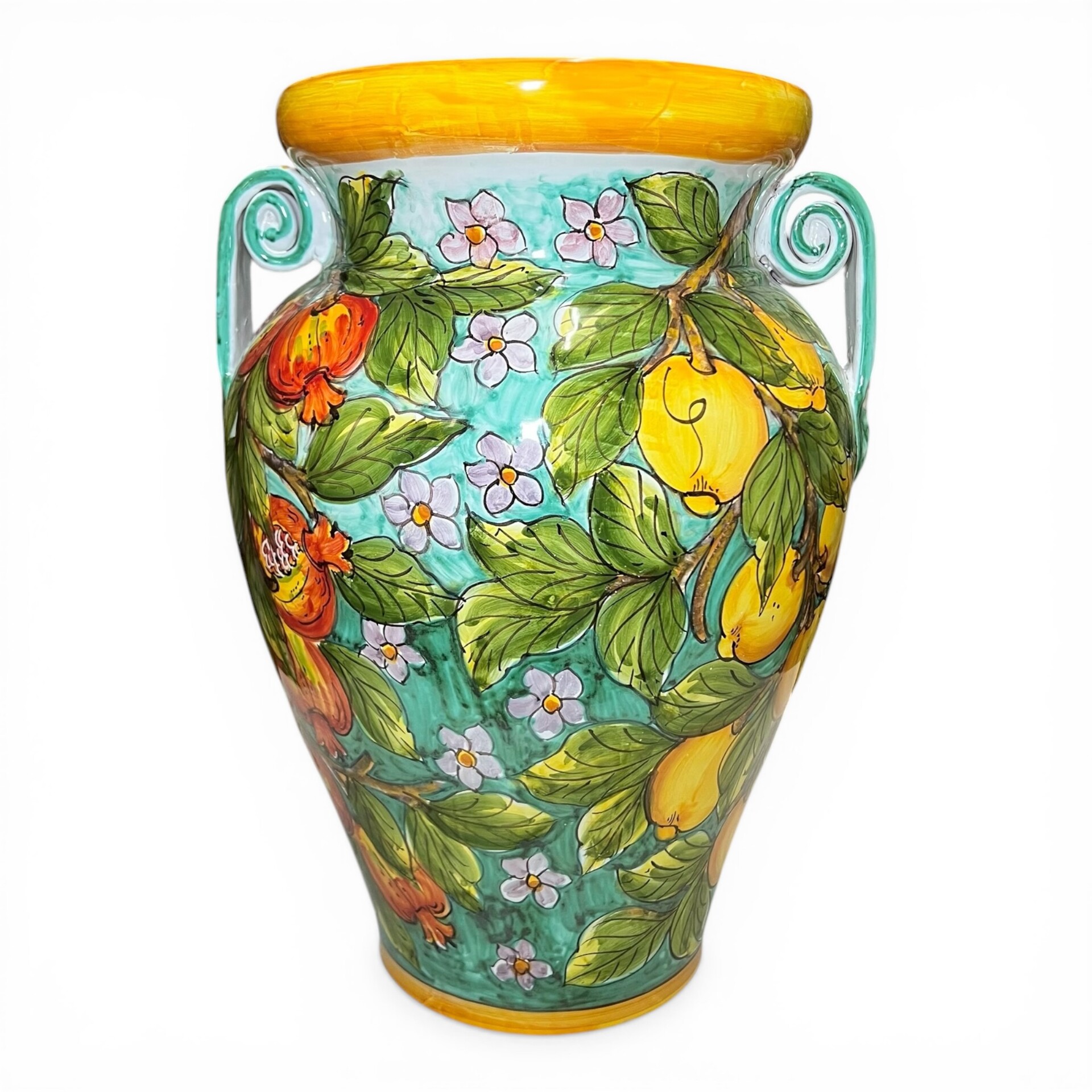 Porta ombrelli in ceramica siciliana decoro limoni e melograni fondo verde Produzione artigianale di Santo Stefano di Camastra h.50cm
