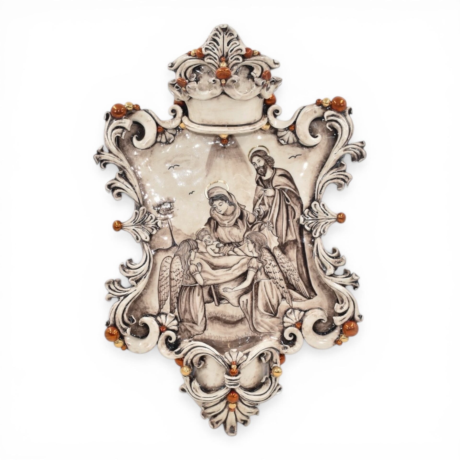 Acquasantiera Natività con Angeli grande rettangolare dettagli oro e lustri madreperla antichizzato Produzione artigianale di Caltagirone 35x45cm