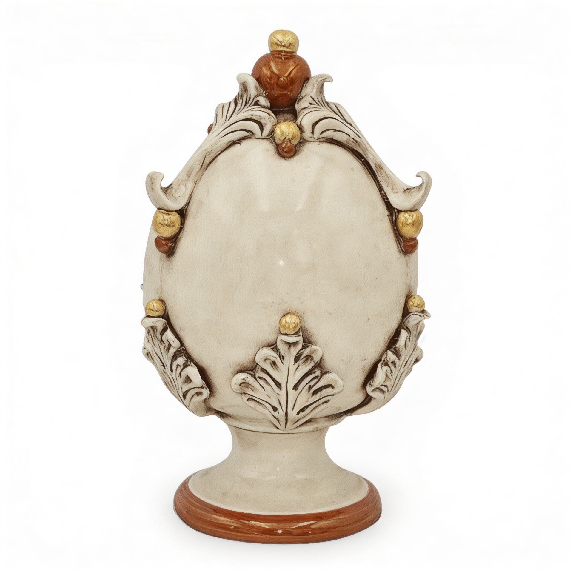 Uovo in ceramica siciliana con base dettagli in oro e lustri madreperla antichizzato Produzione artigianale di Caltagirone h.25cm