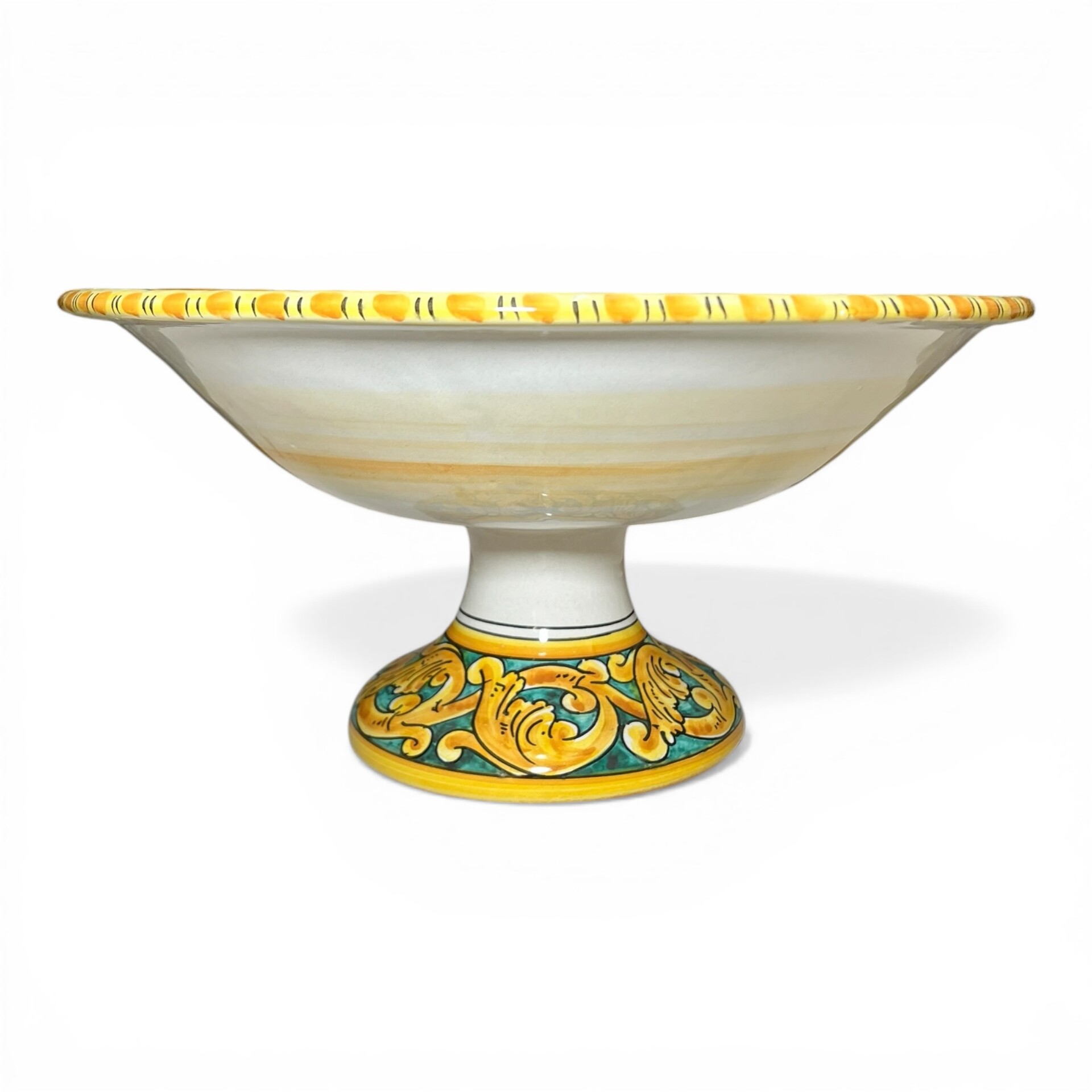 Alzata centrotavola in ceramica siciliana decoro ornato giallo fondo verde Produzione artigianale di Santo Stefano di Camastra Diametro 40cm