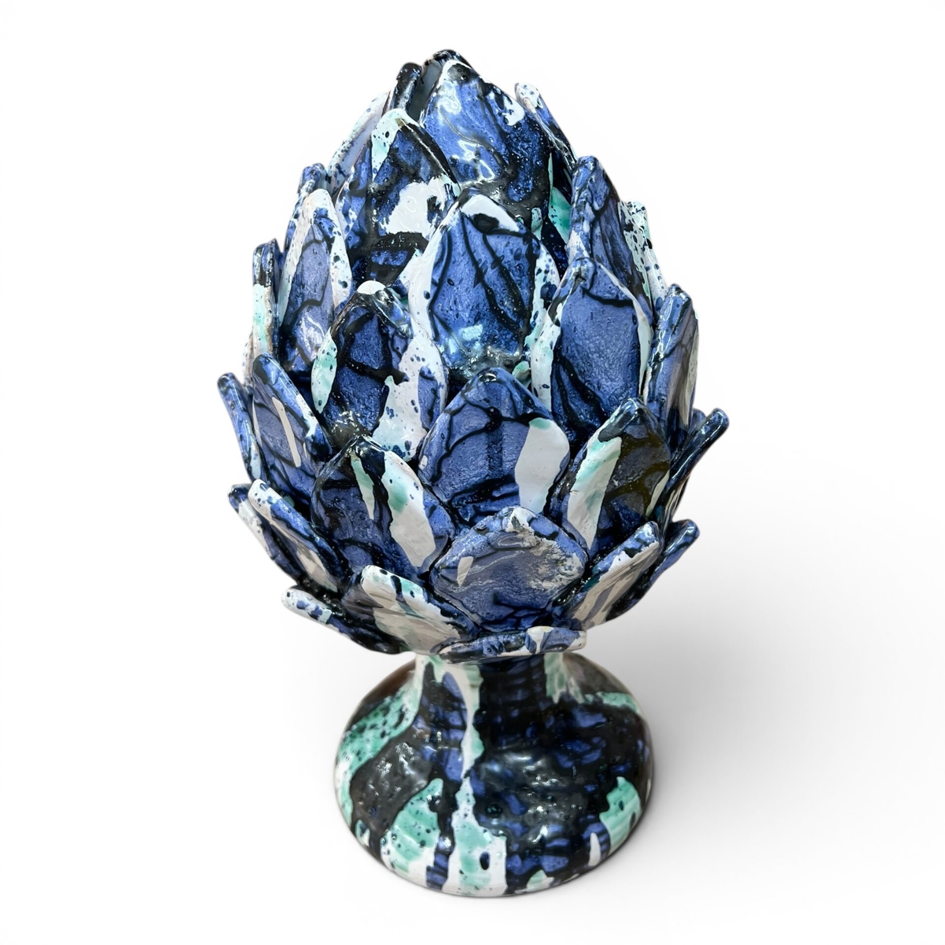 Carciofo decoro blu e bianco in ceramica siciliana Produzione artigianale di Santo Stefano di Camastra h.35cm