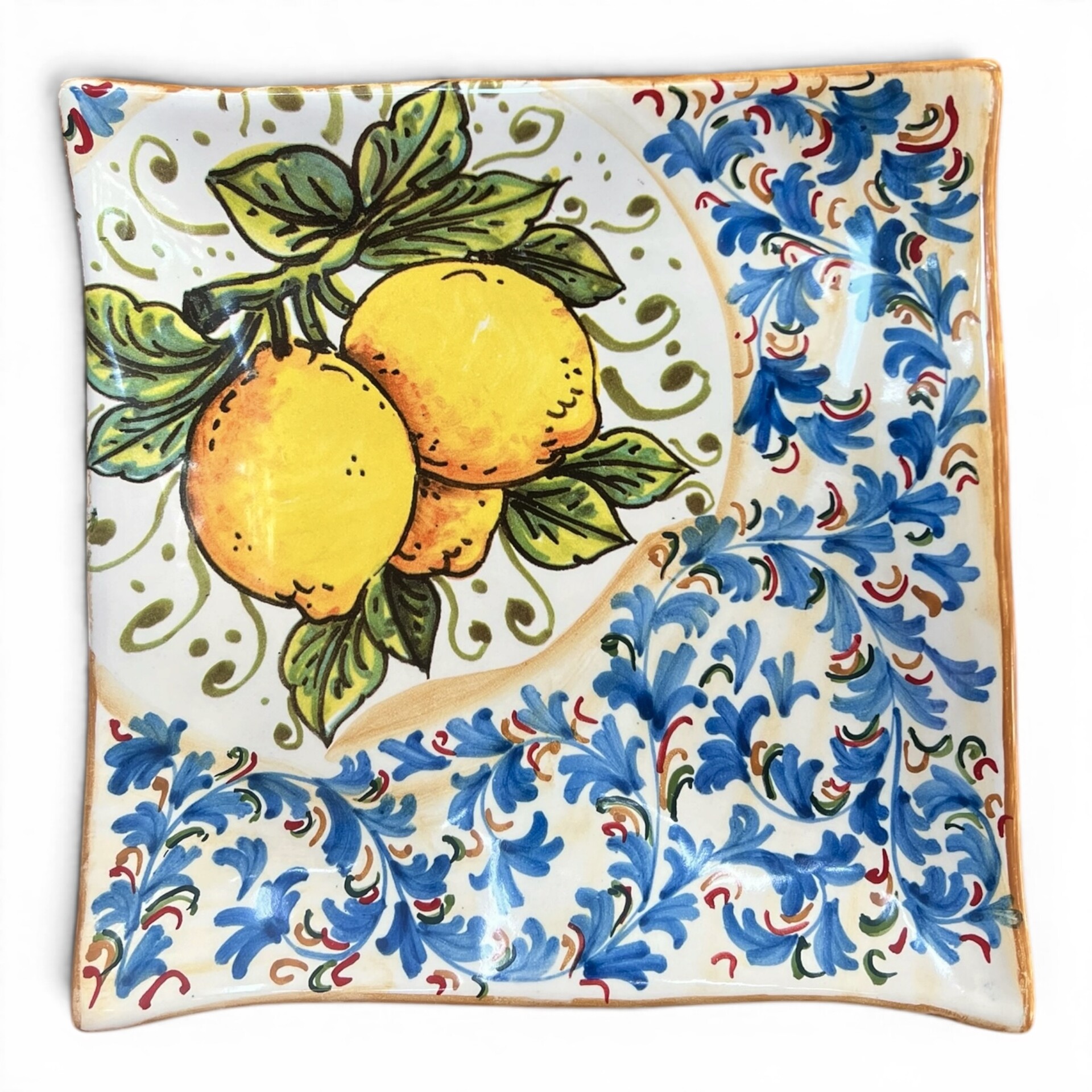 Piatto quadrato da parete decoro Angelica blu con limoni in ceramica siciliana Produzione artigianale di Santo Stefano di Camastra varie misure