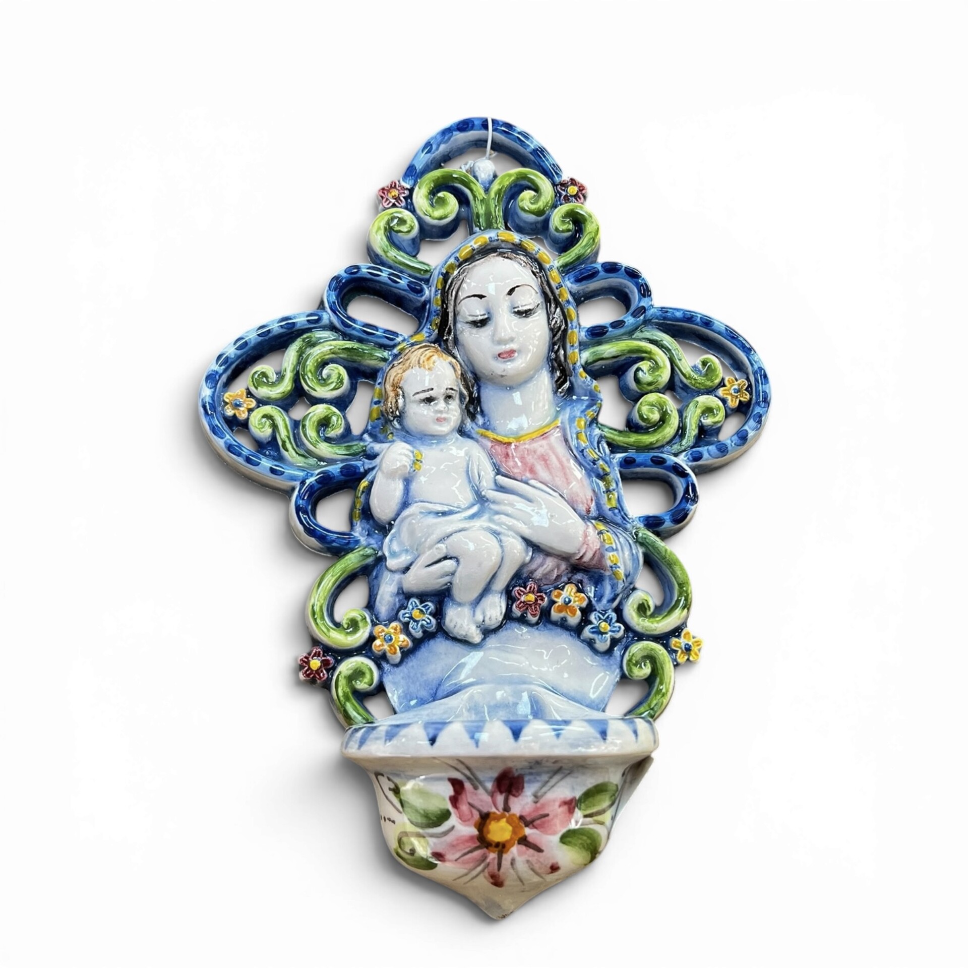 Acquasantiera con Madonna e Gesù bambino decoro blu e verde in ceramica siciliana Produzione artigianale di Santo Stefano di Camastra 20x15cm