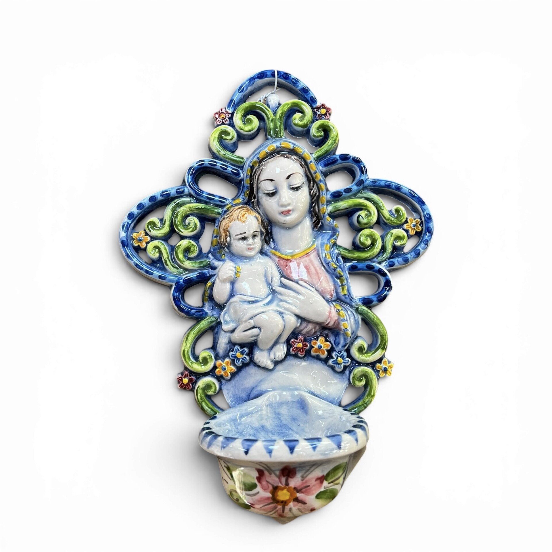 Acquasantiera con Madonna e Gesù bambino decoro blu e verde in ceramica siciliana Produzione artigianale di Santo Stefano di Camastra 20x15cm