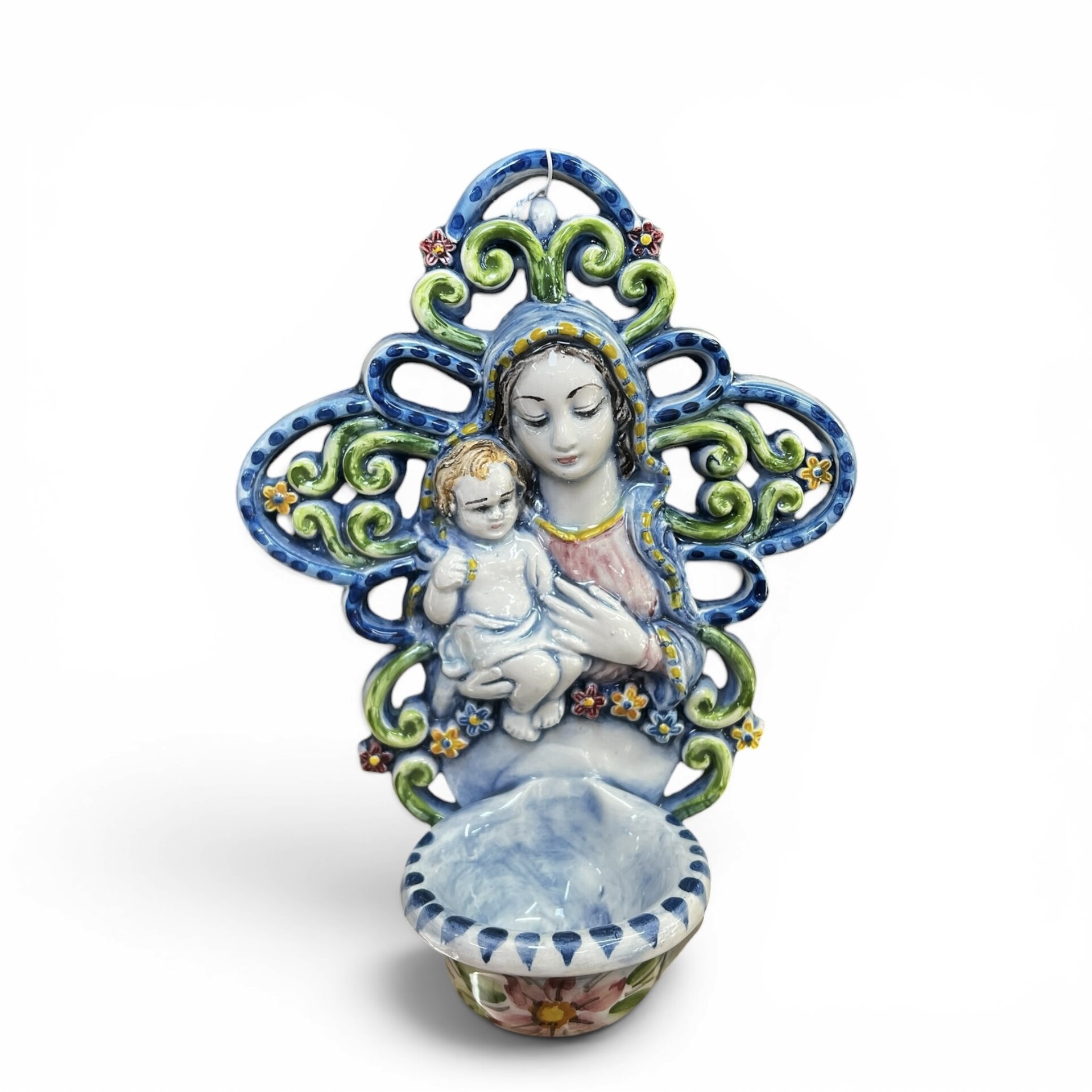 Acquasantiera con Madonna e Gesù bambino decoro blu e verde in ceramica siciliana Produzione artigianale di Santo Stefano di Camastra 20x15cm