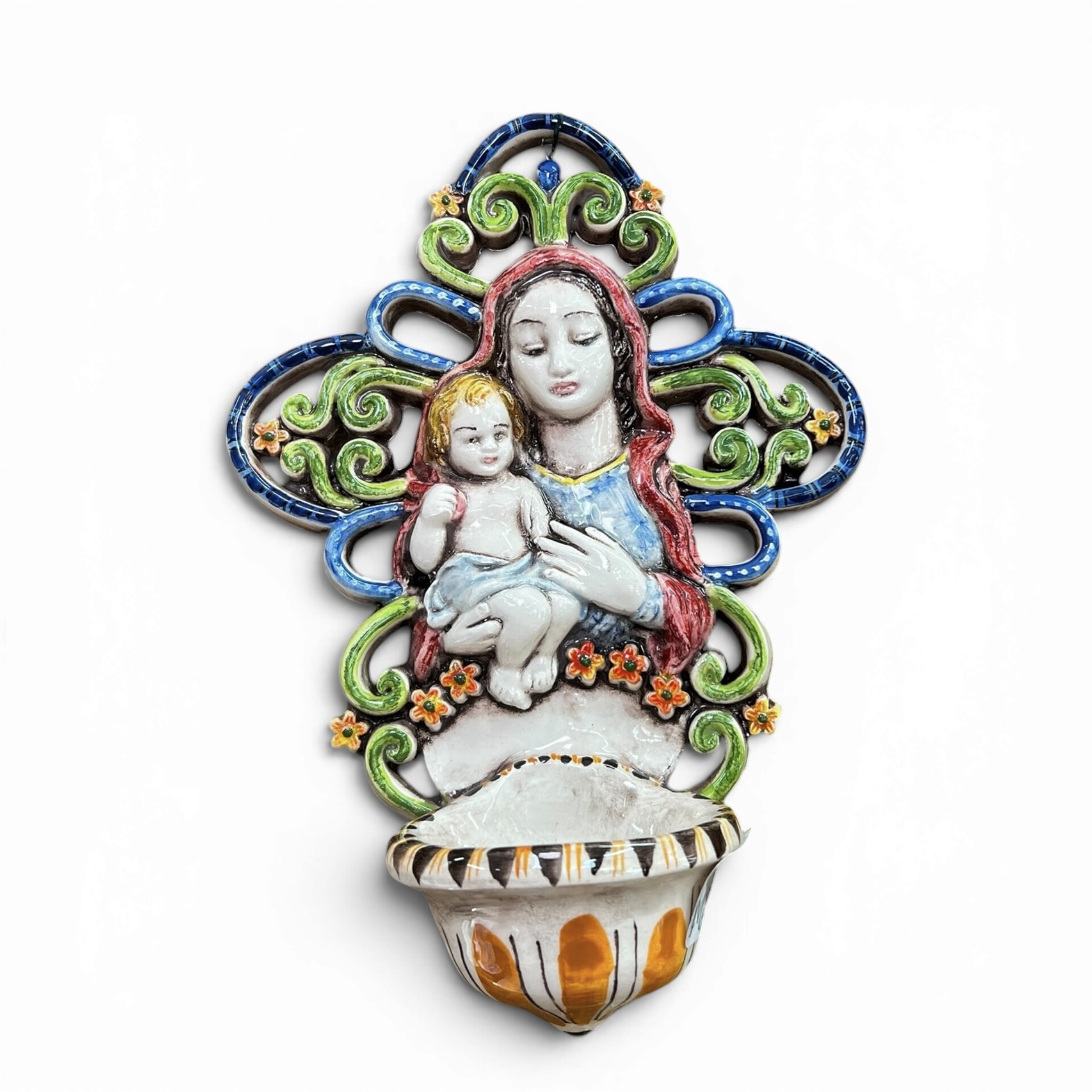 Acquasantiera con Madonna e Gesù bambino decoro blu e verde in ceramica siciliana Produzione artigianale di Santo Stefano di Camastra 20x15cm
