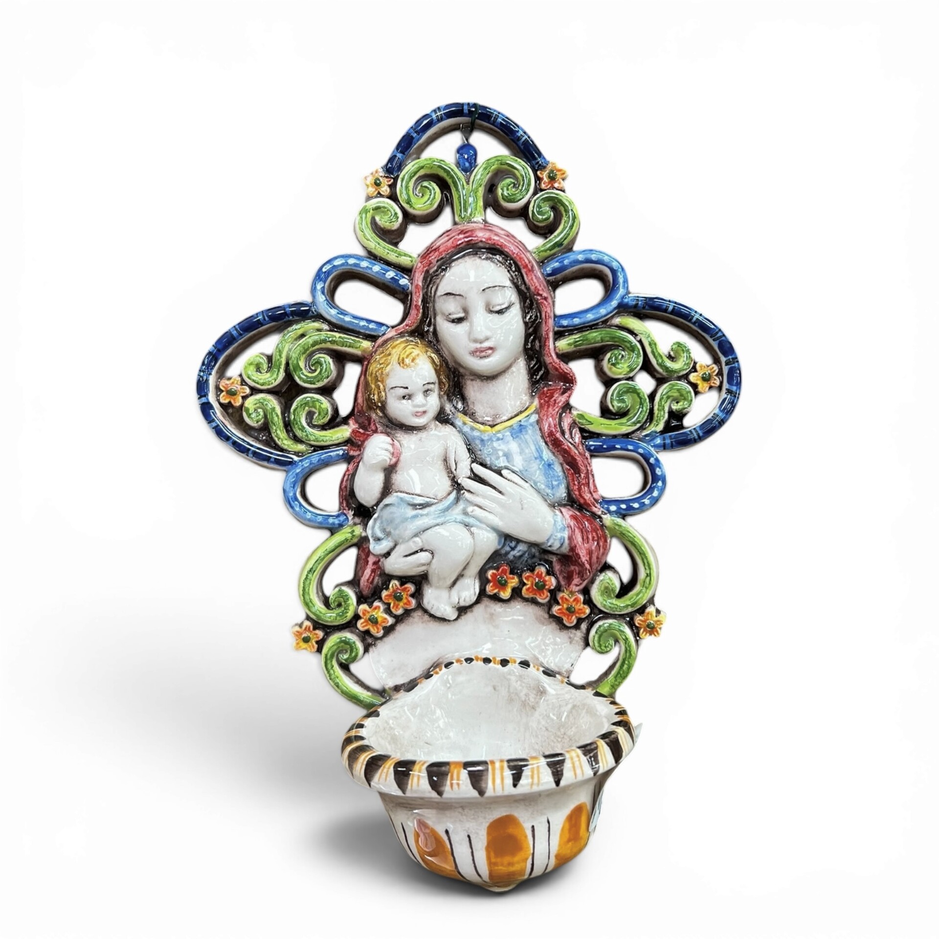 Acquasantiera con Madonna e Gesù bambino decoro blu e verde in ceramica siciliana Produzione artigianale di Santo Stefano di Camastra 20x15cm