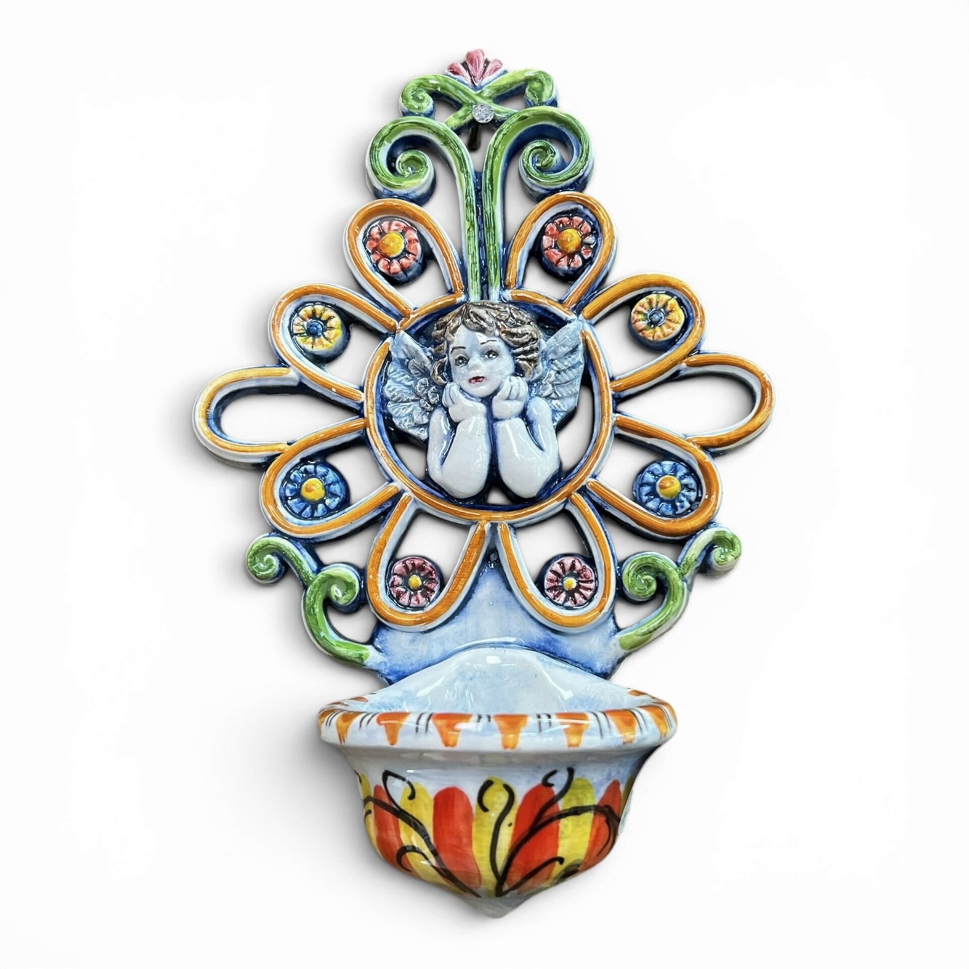 Acquasantiera con Angioletto con fiori in ceramica siciliana vari decori Produzione artigianale di Santo Stefano di Camastra 20x13cm