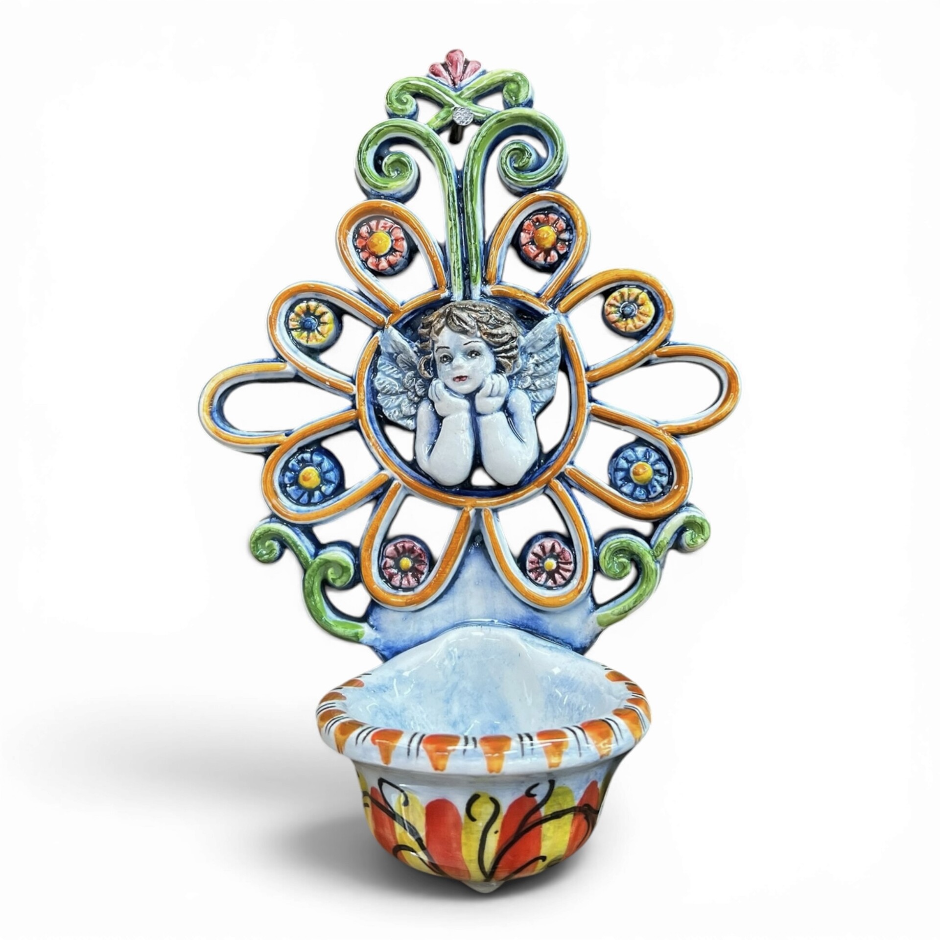 Acquasantiera con Angioletto con fiori in ceramica siciliana vari decori Produzione artigianale di Santo Stefano di Camastra 20x13cm