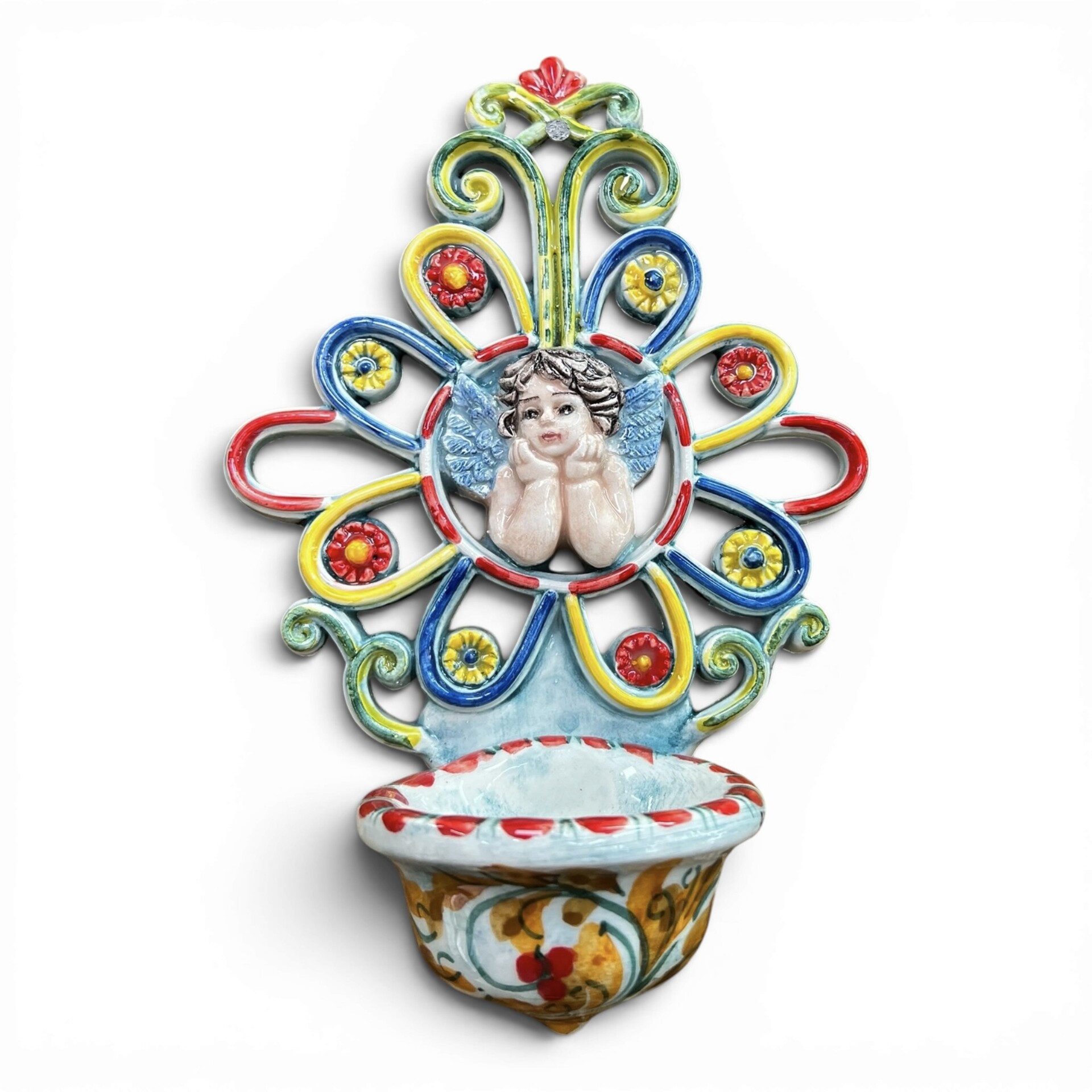 Acquasantiera con Angioletto con fiori in ceramica siciliana vari decori Produzione artigianale di Santo Stefano di Camastra 20x13cm