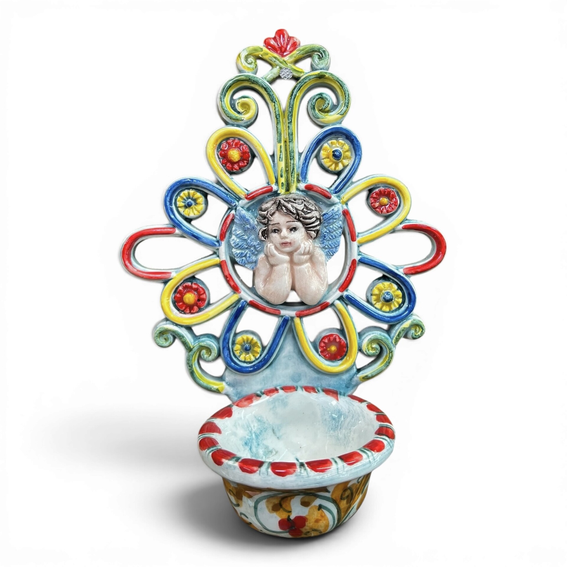 Acquasantiera con Angioletto con fiori in ceramica siciliana vari decori Produzione artigianale di Santo Stefano di Camastra 20x13cm