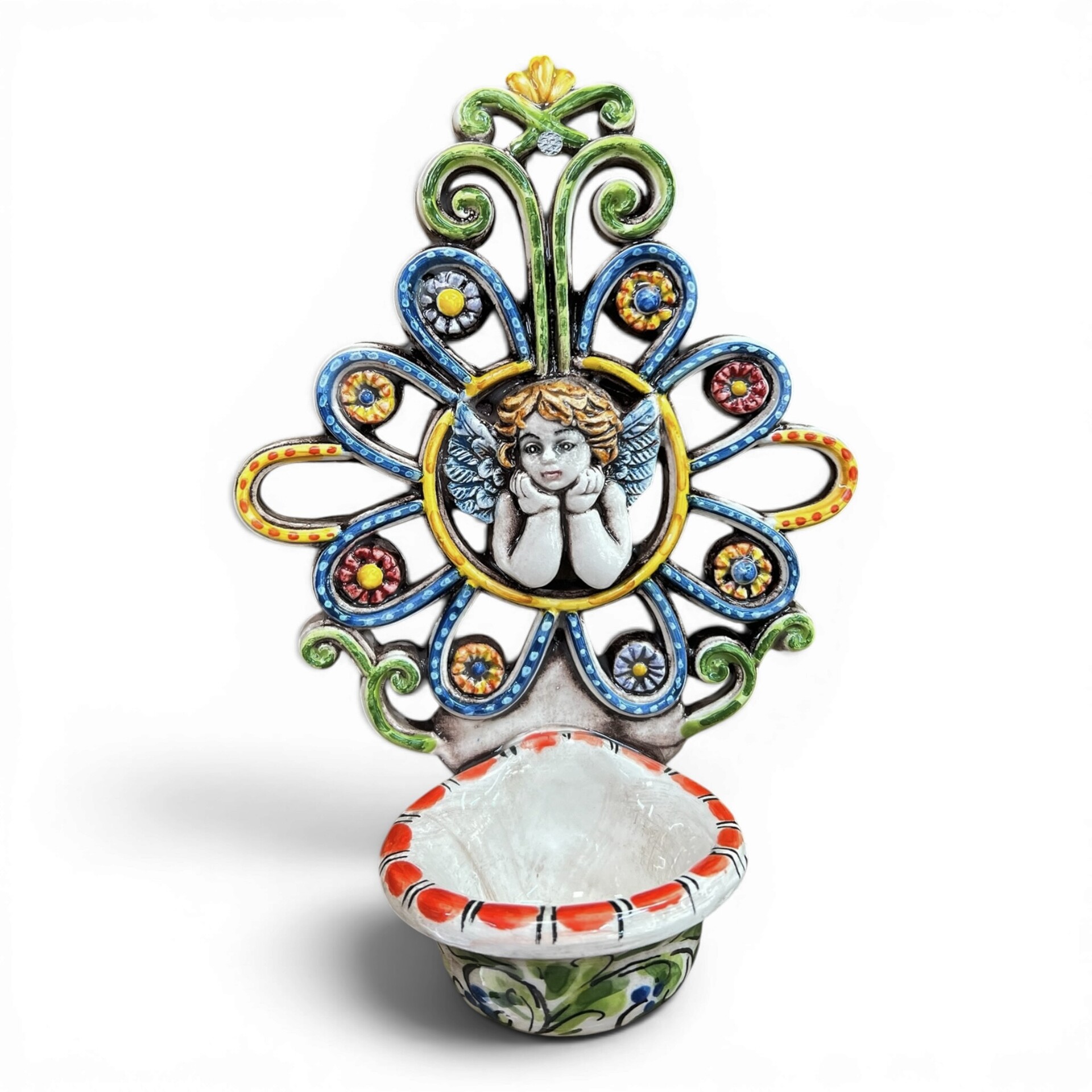Acquasantiera con Angioletto con fiori in ceramica siciliana vari decori Produzione artigianale di Santo Stefano di Camastra 20x13cm