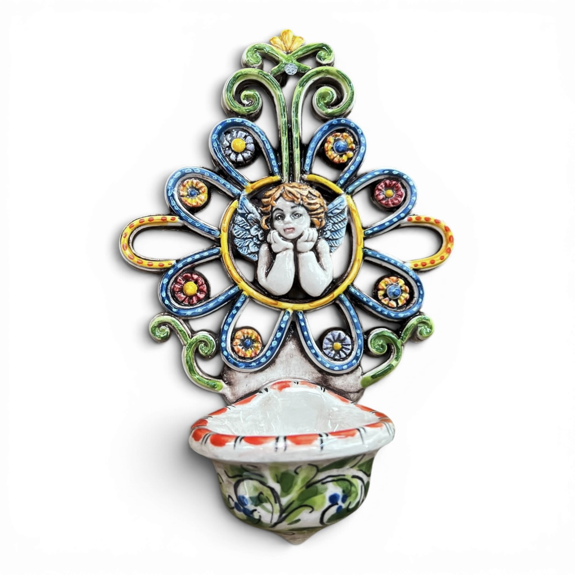 Acquasantiera con Angioletto con fiori in ceramica siciliana vari decori Produzione artigianale di Santo Stefano di Camastra 20x13cm