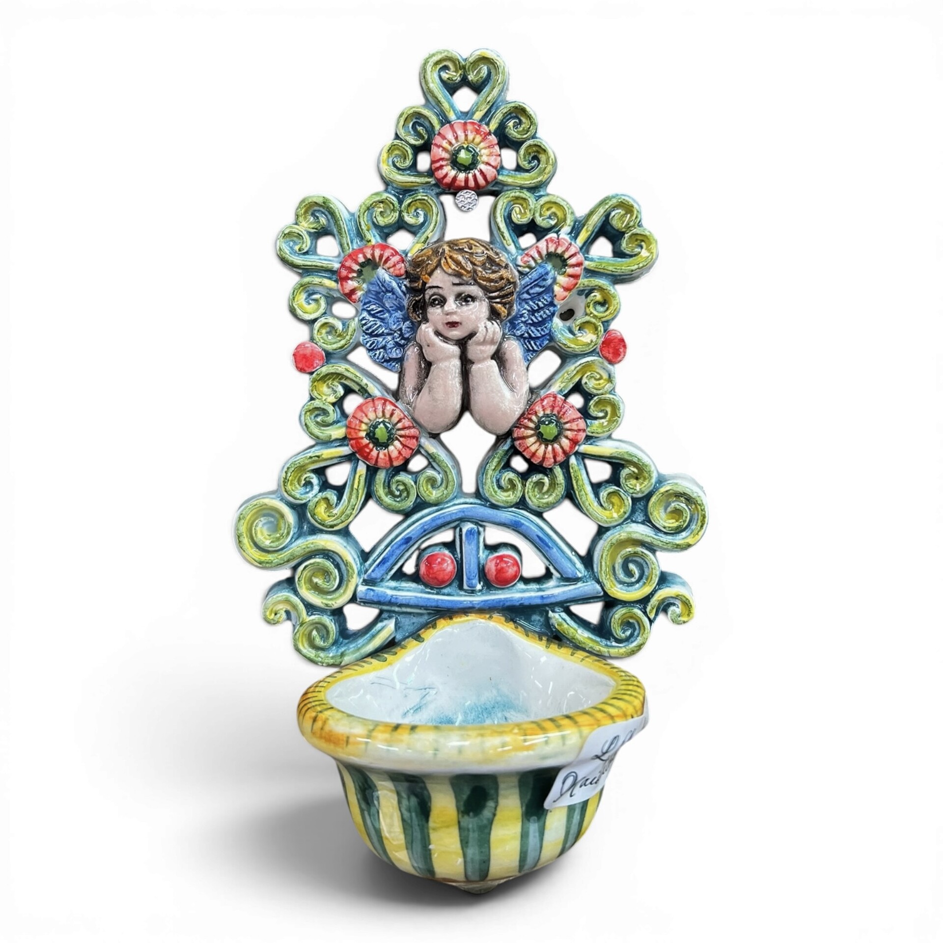 Acquasantiera con Angioletto con fiori in ceramica siciliana vari decori Produzione artigianale di Santo Stefano di Camastra 18x12