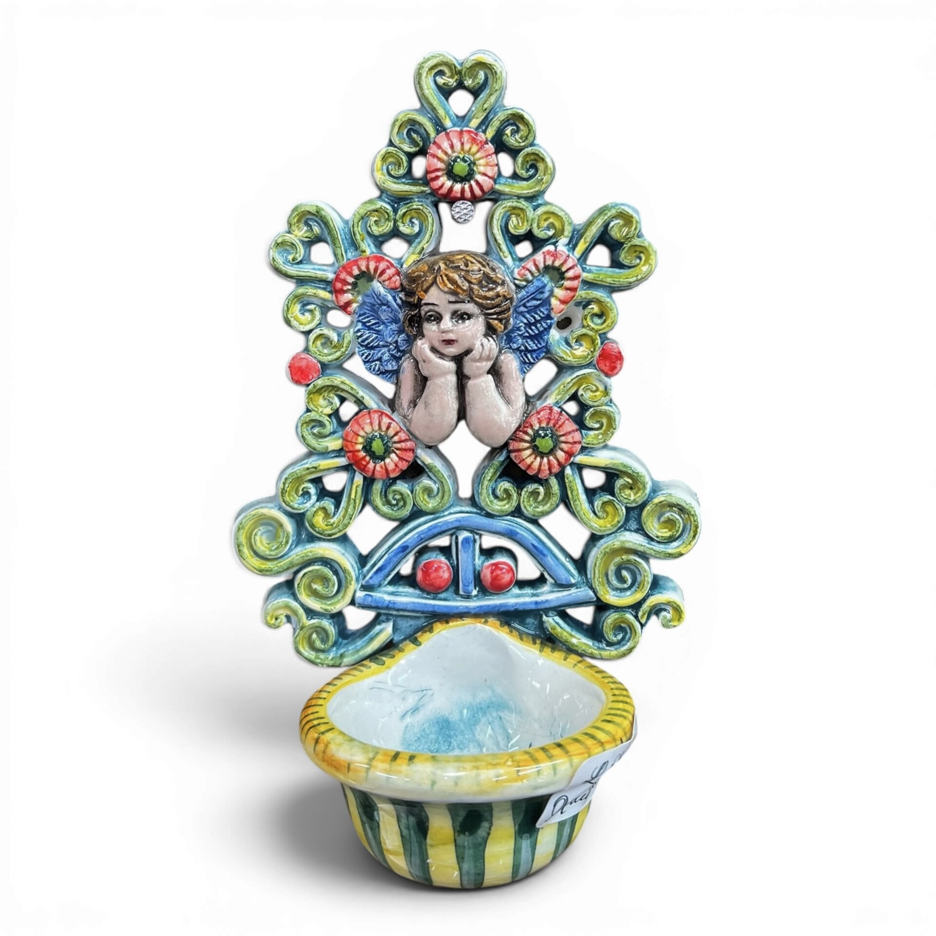 Acquasantiera con Angioletto con fiori in ceramica siciliana vari decori Produzione artigianale di Santo Stefano di Camastra 18x12