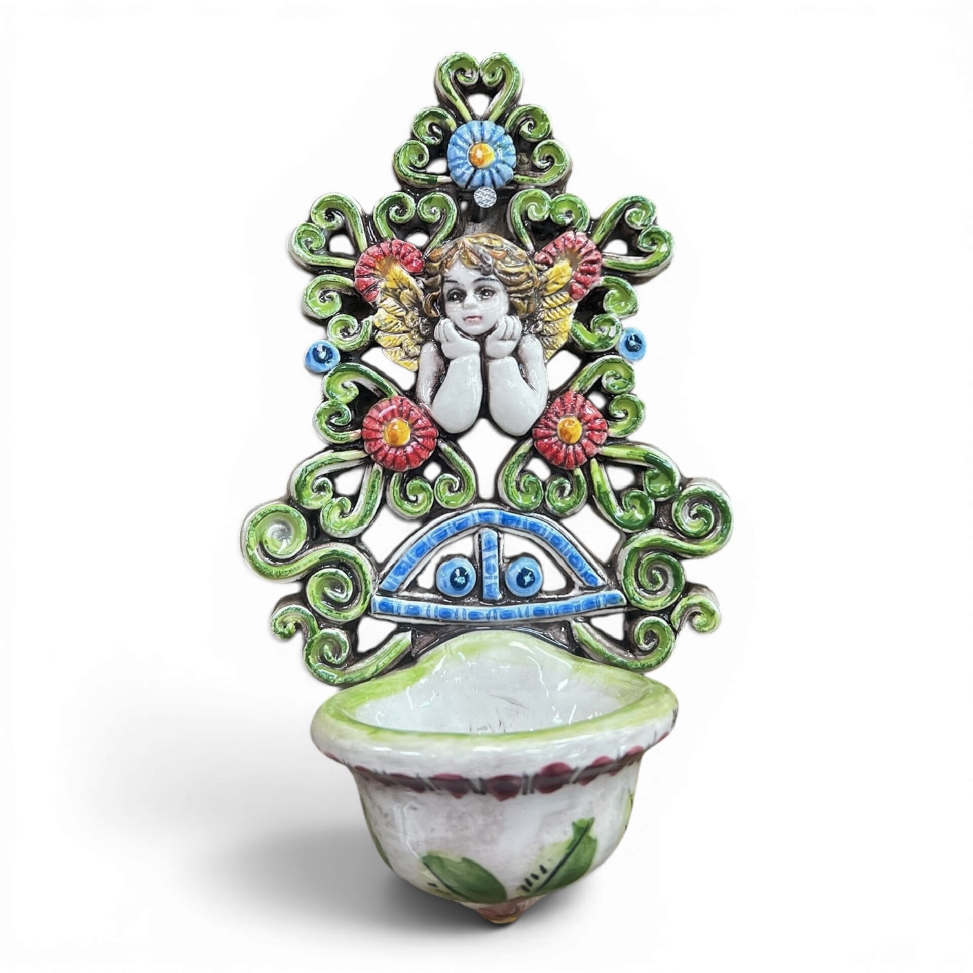 Acquasantiera con Angioletto con fiori in ceramica siciliana vari decori Produzione artigianale di Santo Stefano di Camastra 18x12