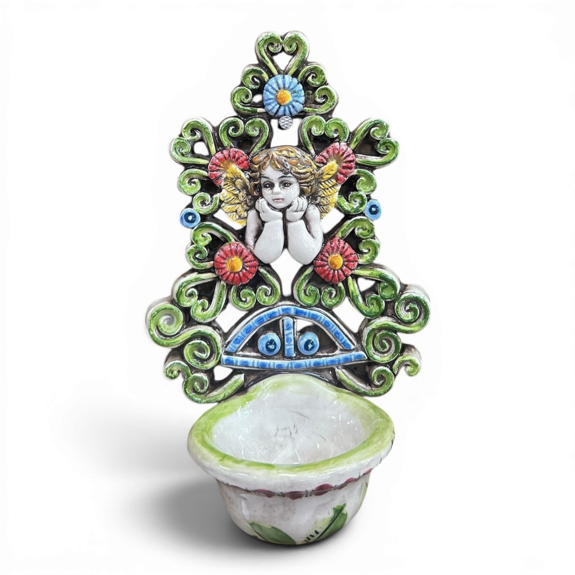 Acquasantiera con Angioletto con fiori in ceramica siciliana vari decori Produzione artigianale di Santo Stefano di Camastra 18x12