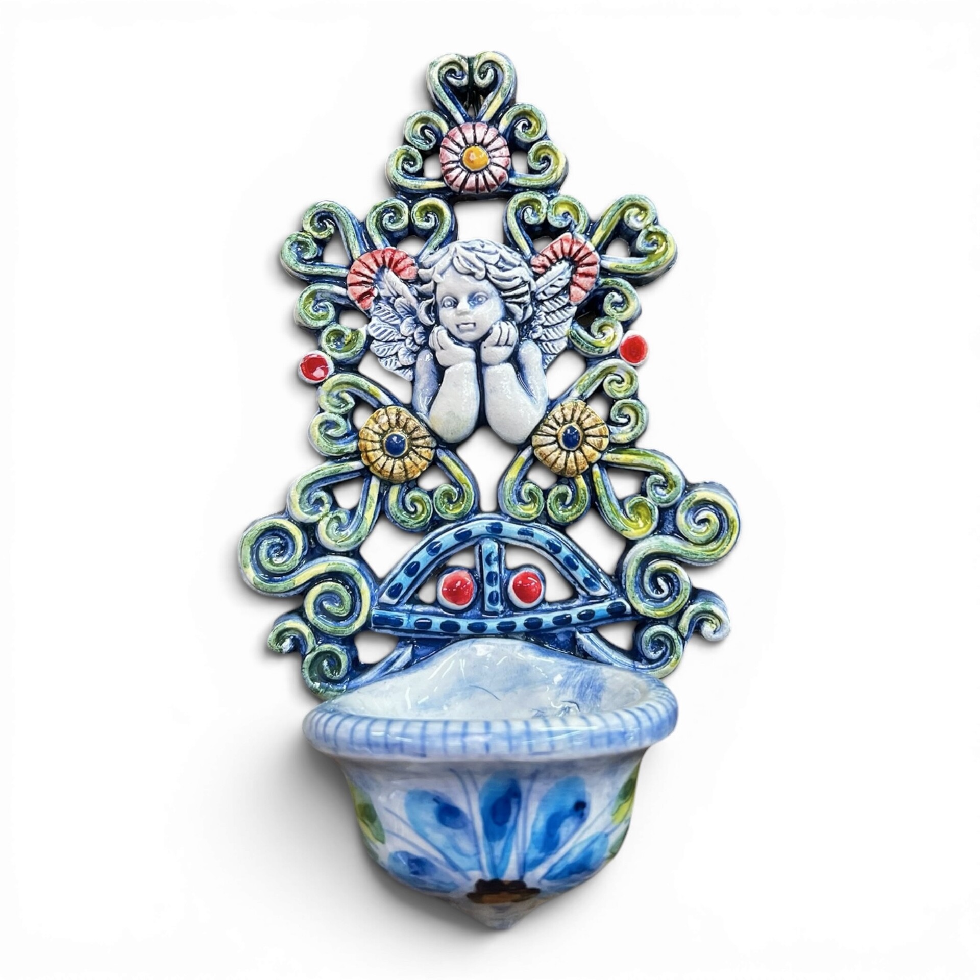 Acquasantiera con Angioletto con fiori in ceramica siciliana vari decori Produzione artigianale di Santo Stefano di Camastra 18x12