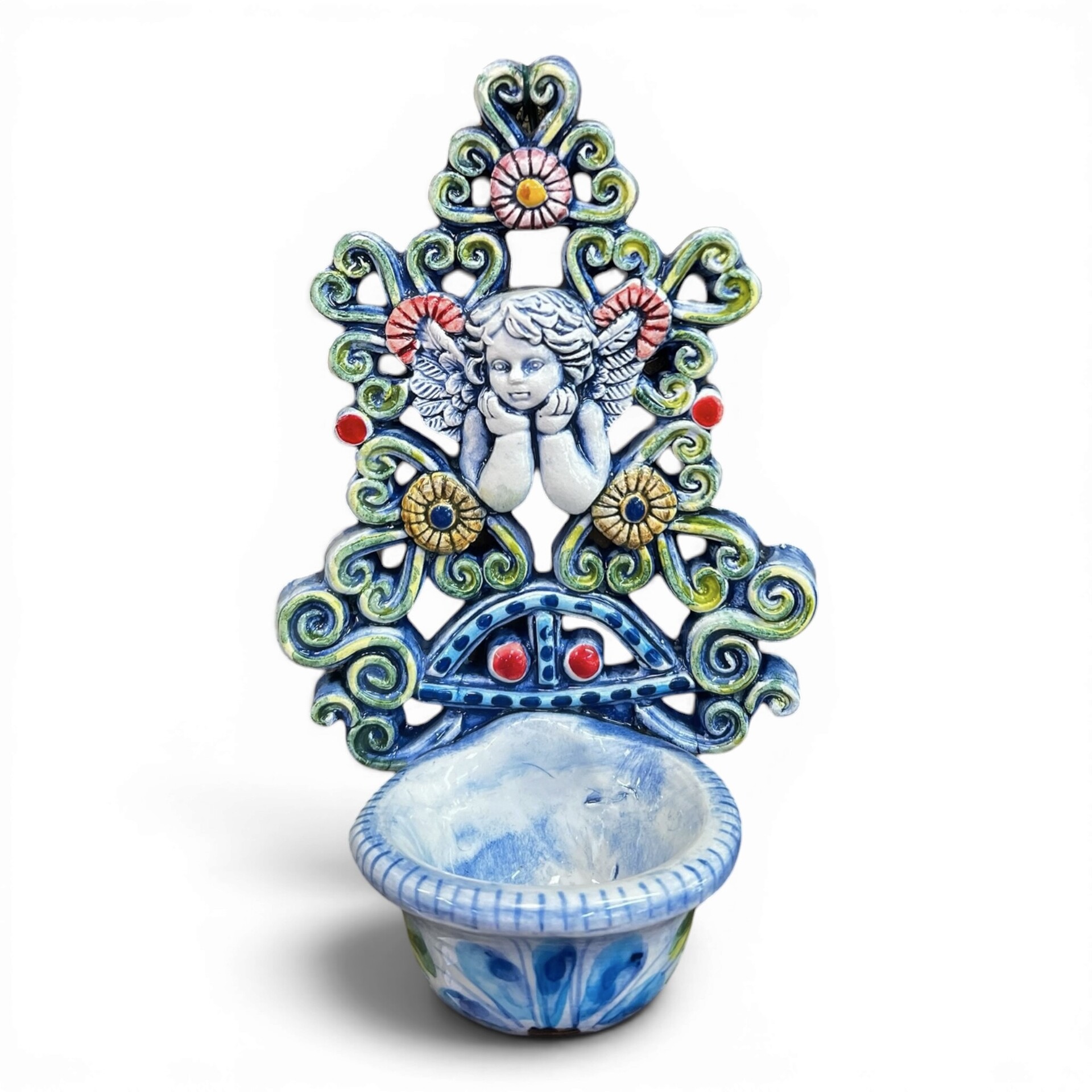Acquasantiera con Angioletto con fiori in ceramica siciliana vari decori Produzione artigianale di Santo Stefano di Camastra 18x12