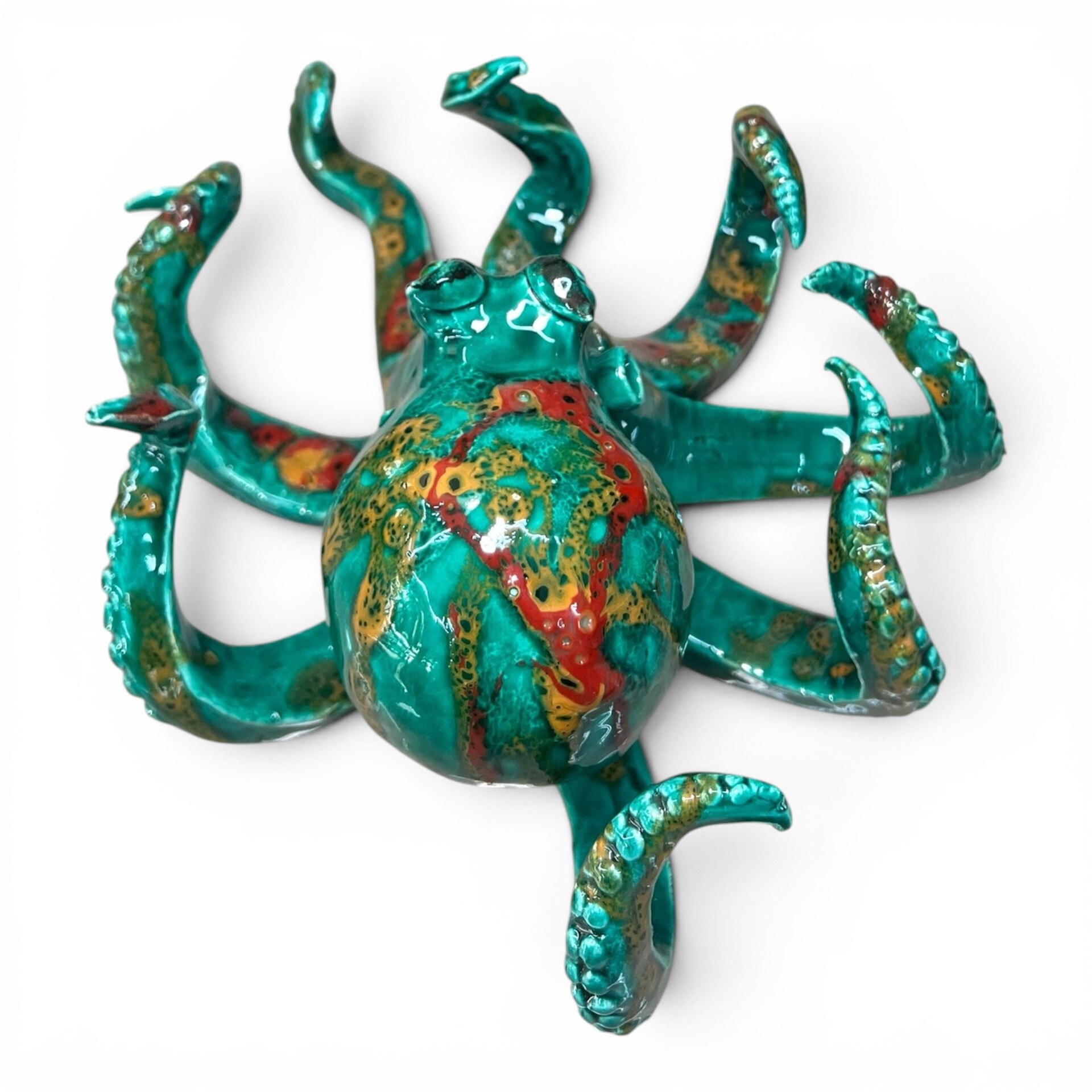 Scultura Polpo grande decoro verde ramina con sfumature rosse e gialle in ceramica siciliana Produzione artigianale di Palermo lunghezza 30cm