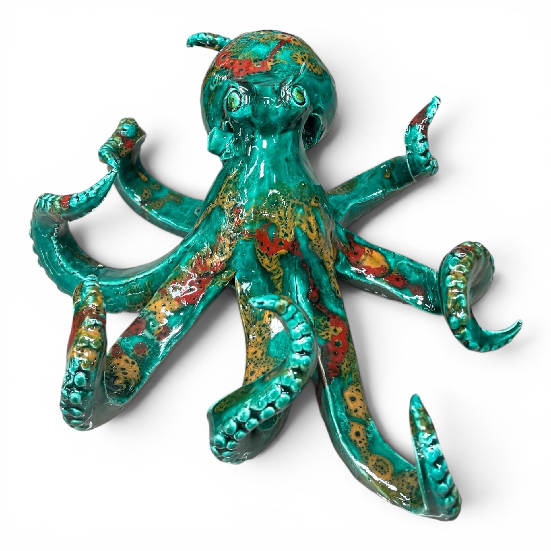 Scultura Polpo grande decoro verde ramina con sfumature rosse e gialle in ceramica siciliana Produzione artigianale di Palermo lunghezza 30cm