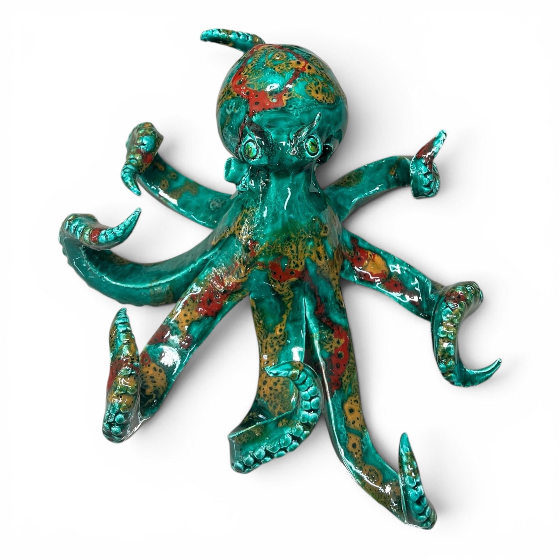Scultura Polpo grande decoro verde ramina con sfumature rosse e gialle in ceramica siciliana Produzione artigianale di Palermo lunghezza 30cm
