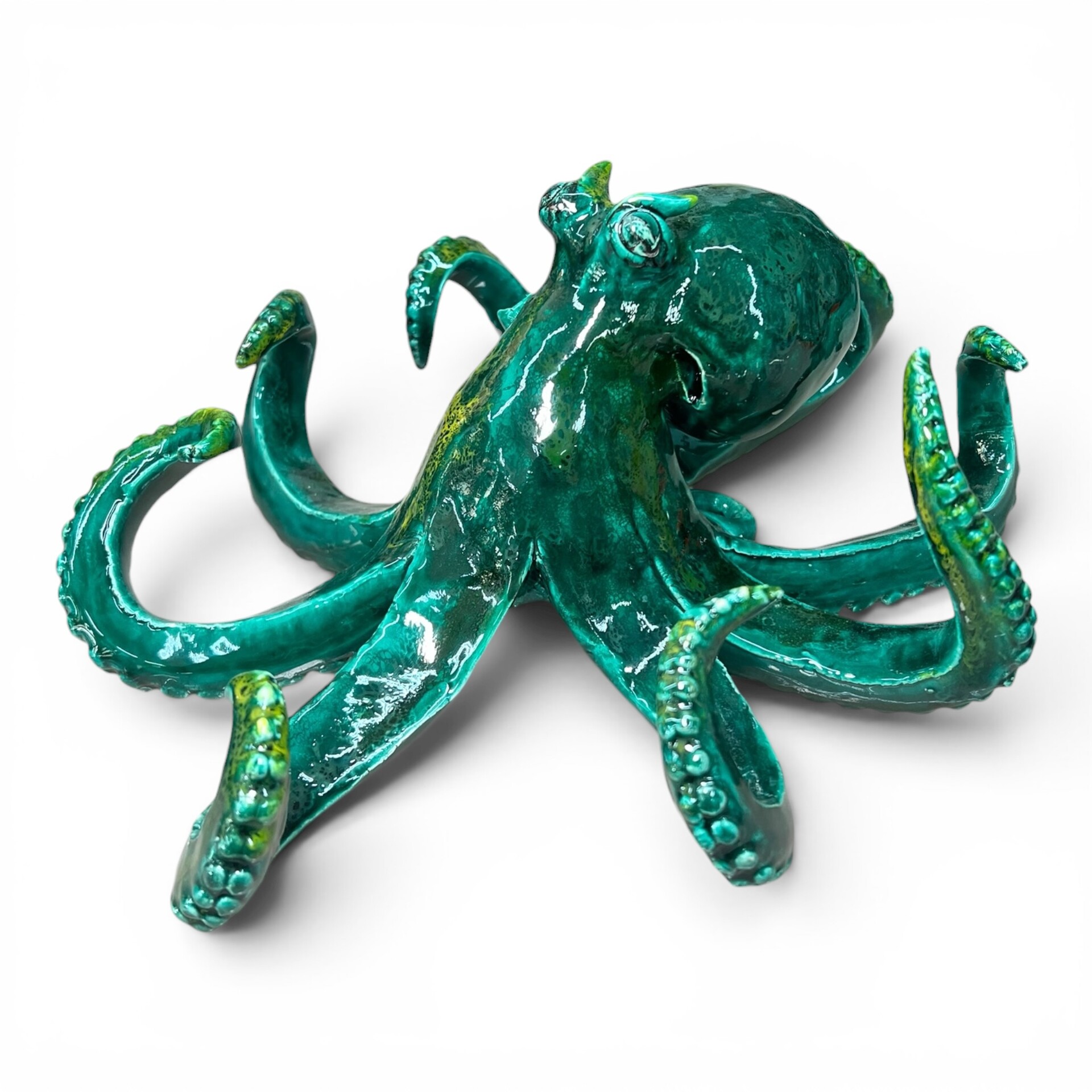 Scultura Polpo grande decoro verde smeraldo con sfumature gialle in ceramica siciliana Produzione artigianale di Palermo lunghezza 30cm