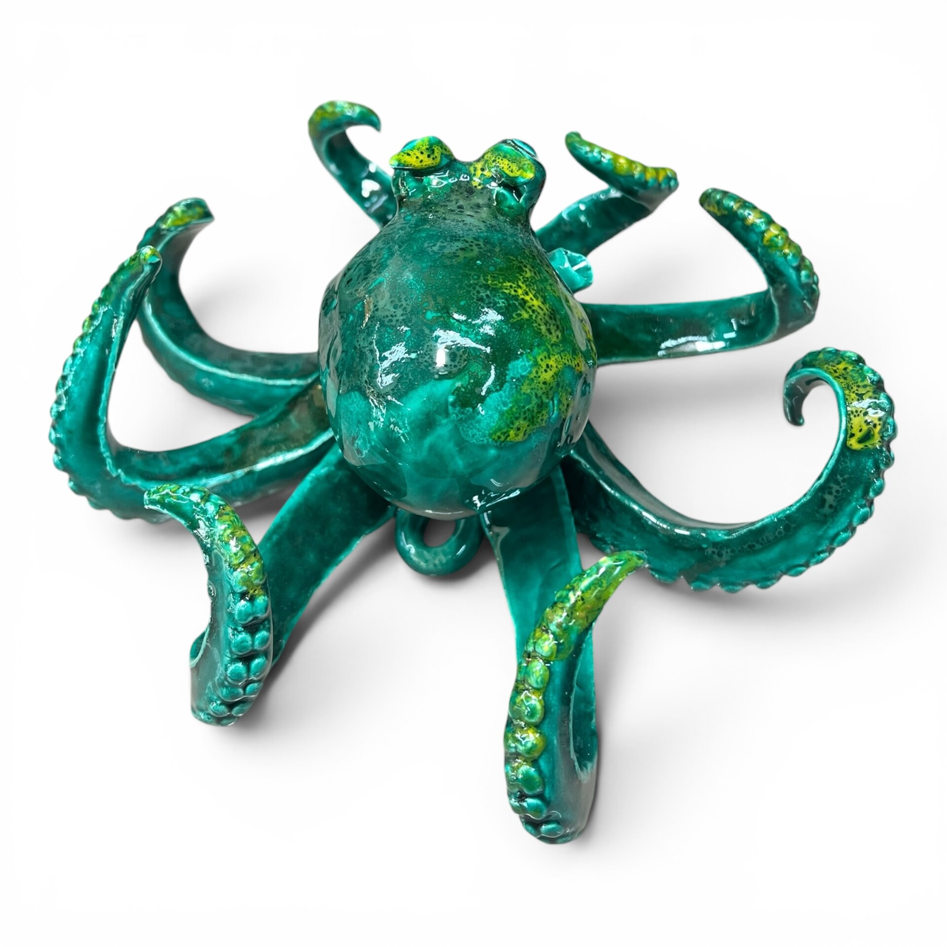 Scultura Polpo grande decoro verde smeraldo con sfumature gialle in ceramica siciliana Produzione artigianale di Palermo lunghezza 30cm