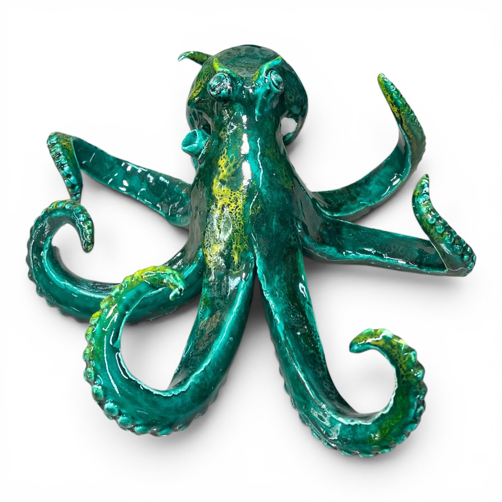 Scultura Polpo grande decoro verde smeraldo con sfumature gialle in ceramica siciliana Produzione artigianale di Palermo lunghezza 30cm