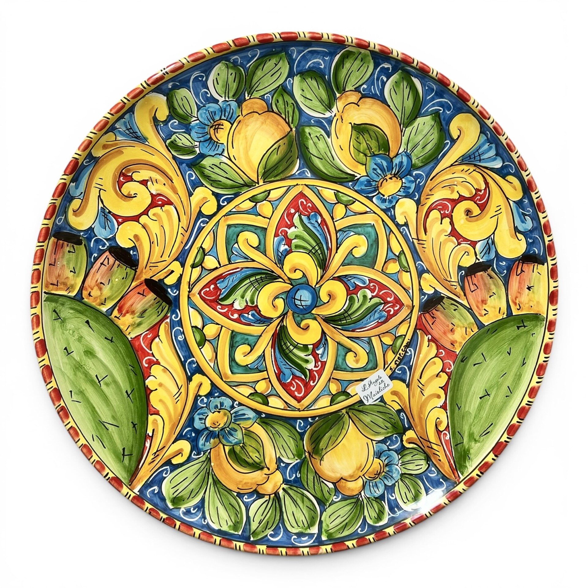 Piatto ornamentale da parete decoro ornato barocco con limoni e fichi d'india in ceramica siciliana Produzione artigianale di Santo Stefano di Camastra varie misure