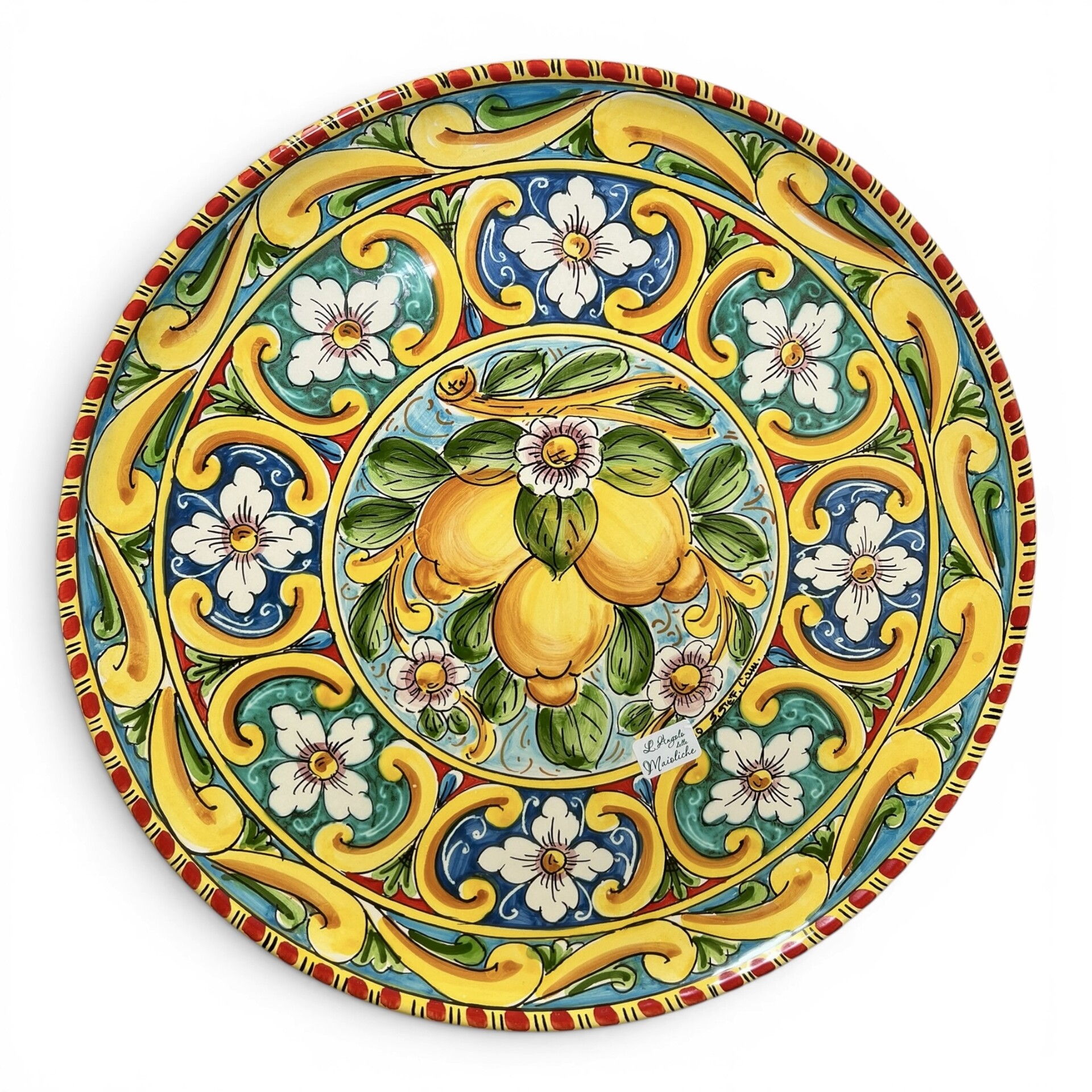 Piatto ornamentale da parete decoro ornato giallo con limoni e margherite Produzione artigianale di Santo Stefano di Camastra varie misure