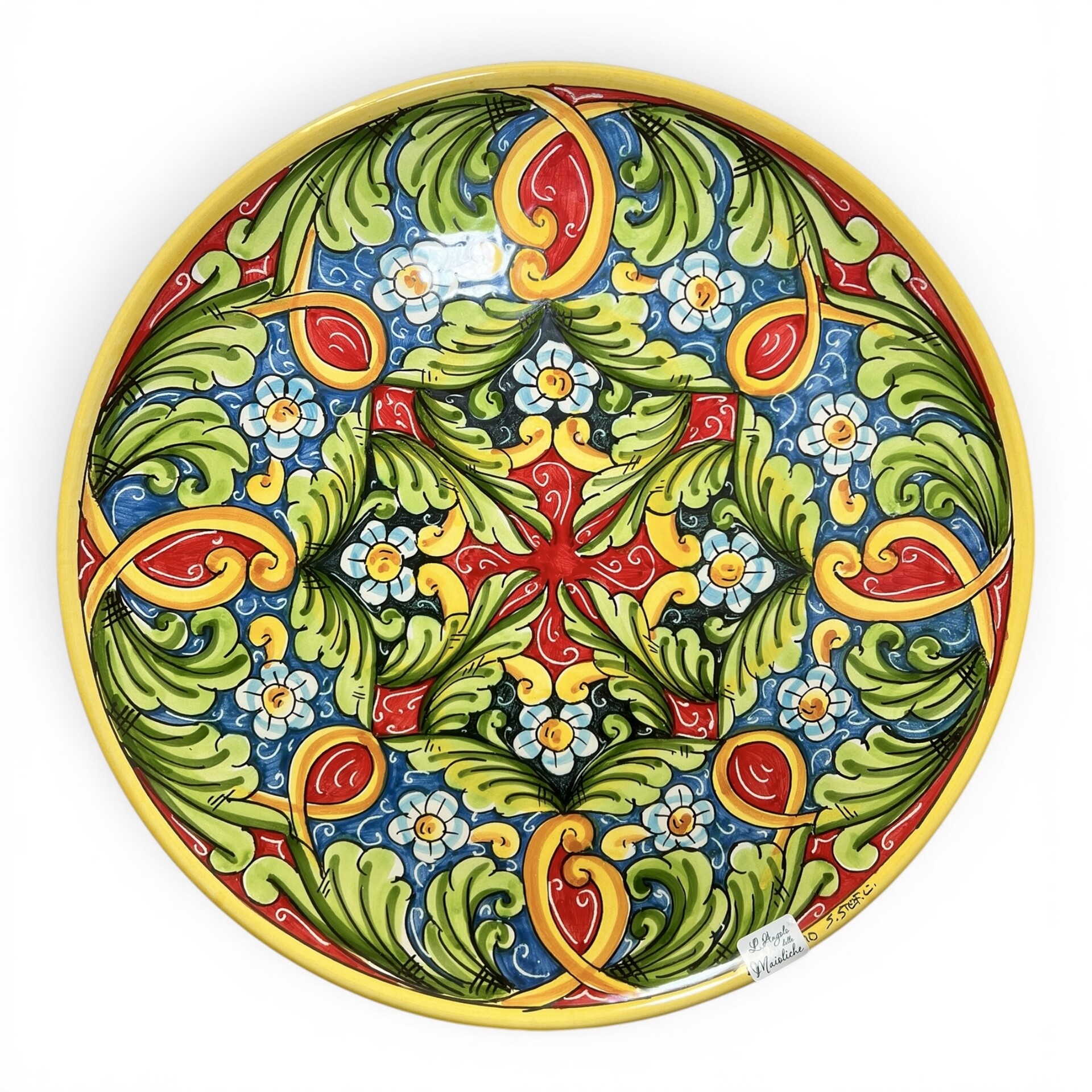 Piatto ornamentale da parete decoro ornato barocco floreale con margherite in ceramica siciliana Produzione artigianale di Santo Stefano di Camastra varie misure