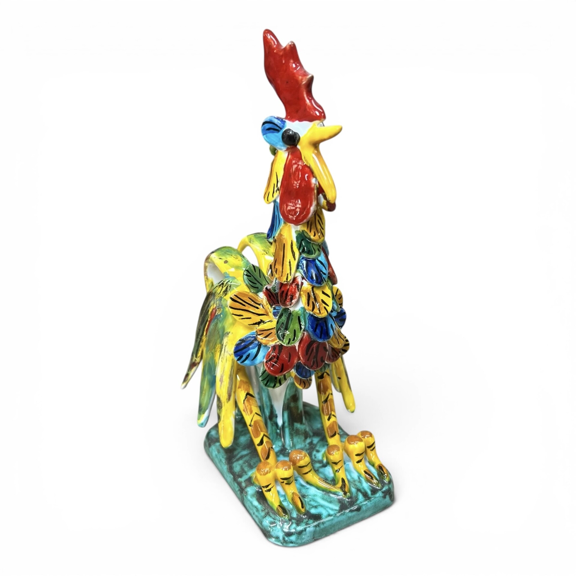 Gallo combattente piume multicolore in ceramica siciliana Produzione artigianale di Santo Stefano di Camastra varie misure