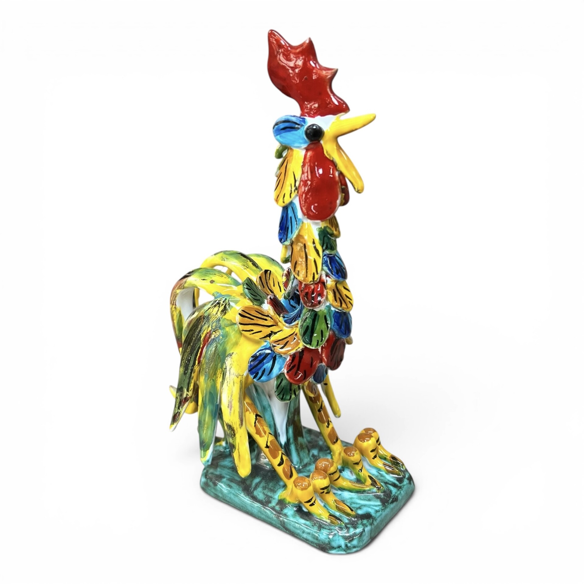 Gallo combattente piume multicolore in ceramica siciliana Produzione artigianale di Santo Stefano di Camastra varie misure