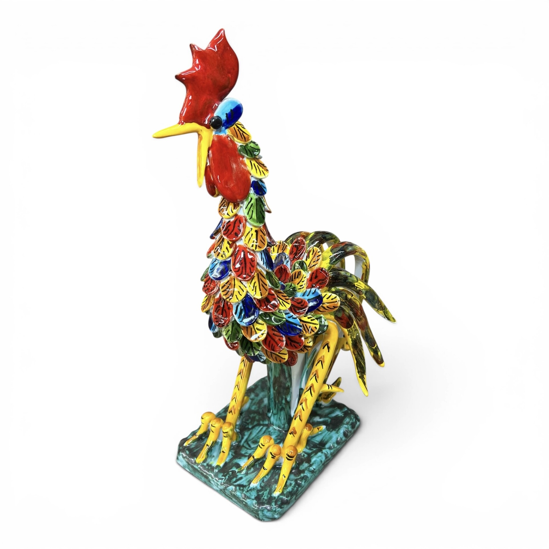 Gallo combattente piume multicolore in ceramica siciliana Produzione artigianale di Santo Stefano di Camastra varie misure