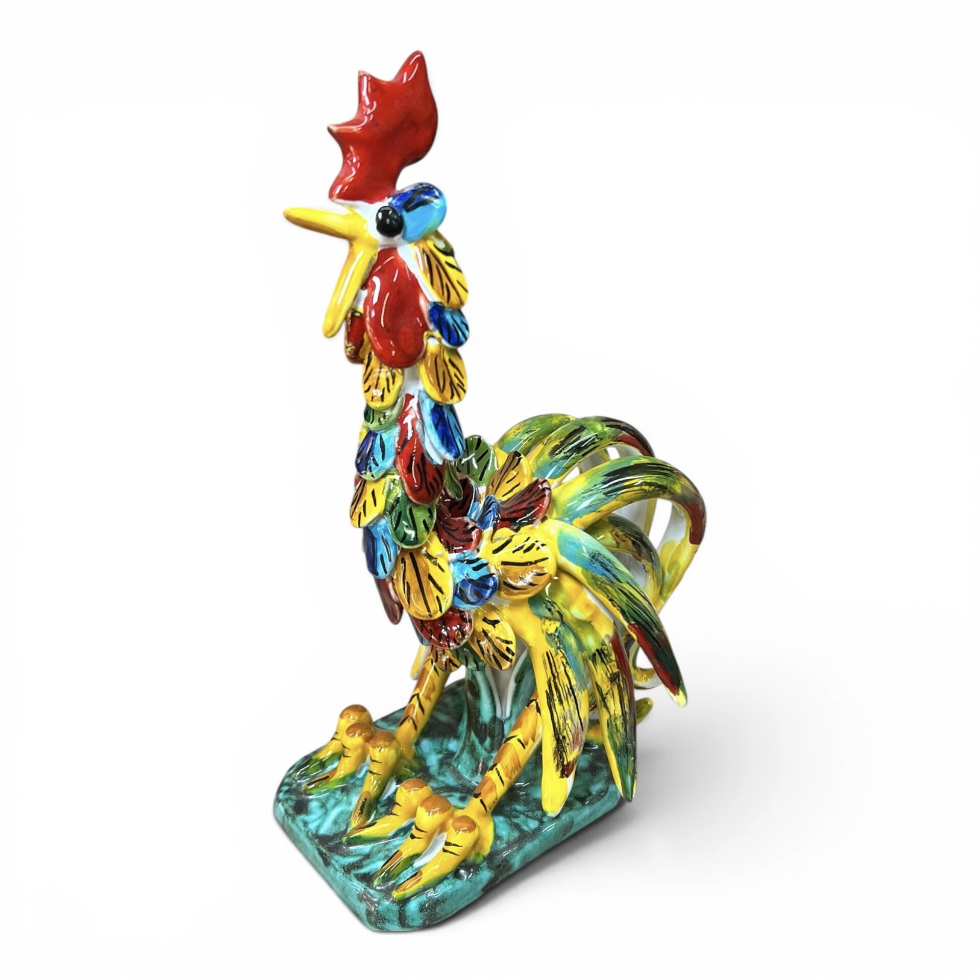 Gallo combattente piume multicolore in ceramica siciliana Produzione artigianale di Santo Stefano di Camastra varie misure