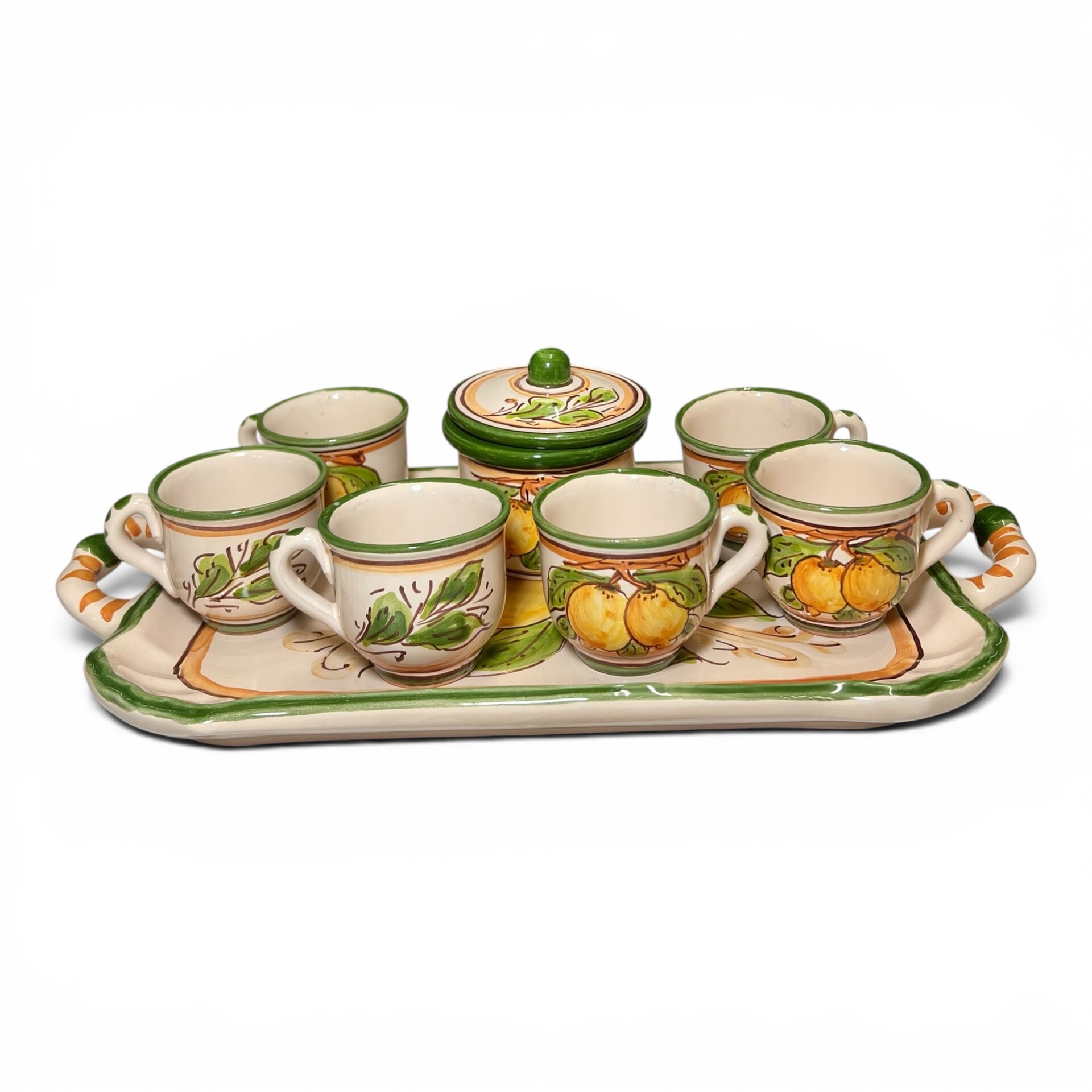 Set 6 tazzine da caffé con vassoio e zuccheriera decoro con limoni popolare Produzione artigianale di Santo Stefano di Camastra Lunghezza 35cm