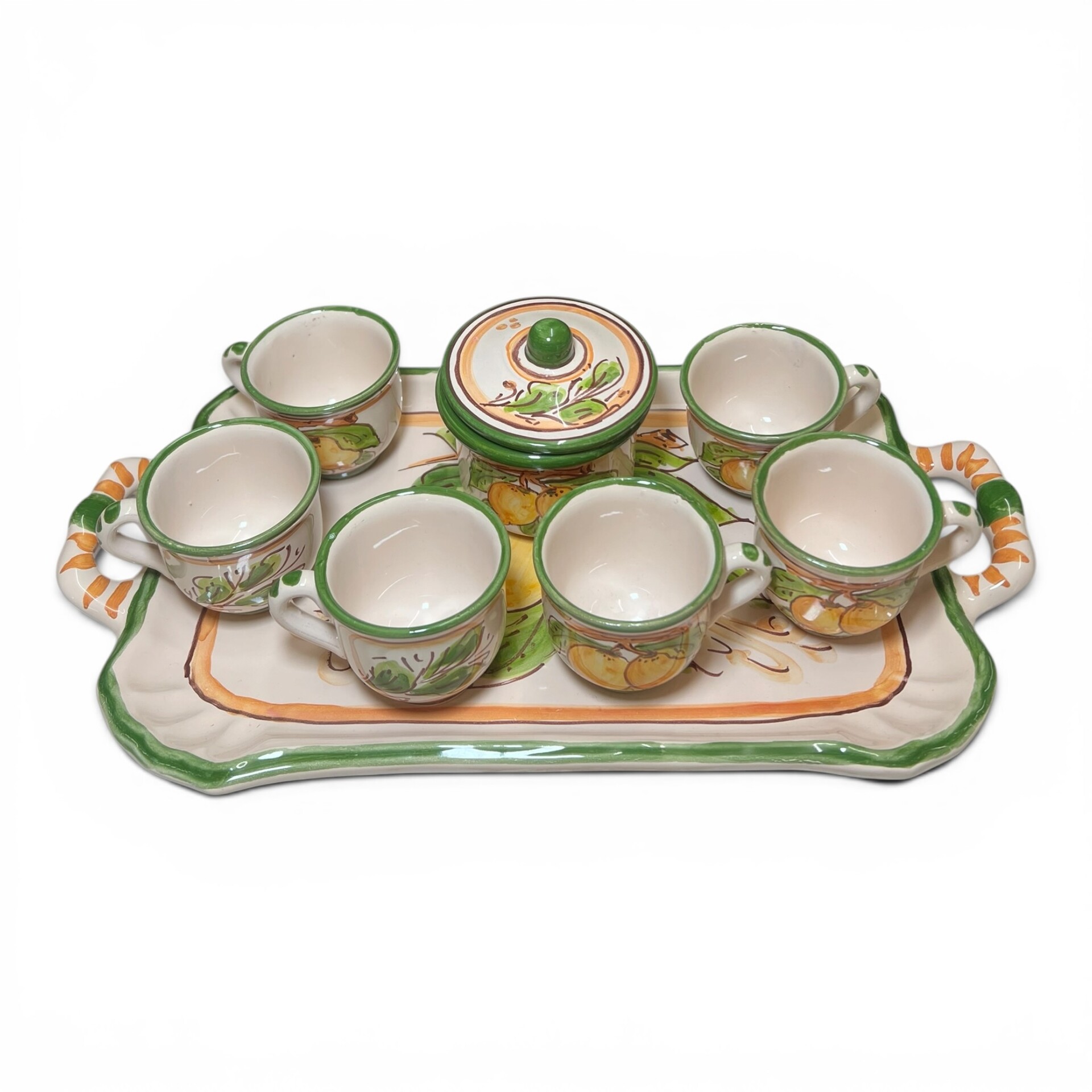 Set 6 tazzine da caffé con vassoio e zuccheriera decoro con limoni popolare Produzione artigianale di Santo Stefano di Camastra Lunghezza 35cm