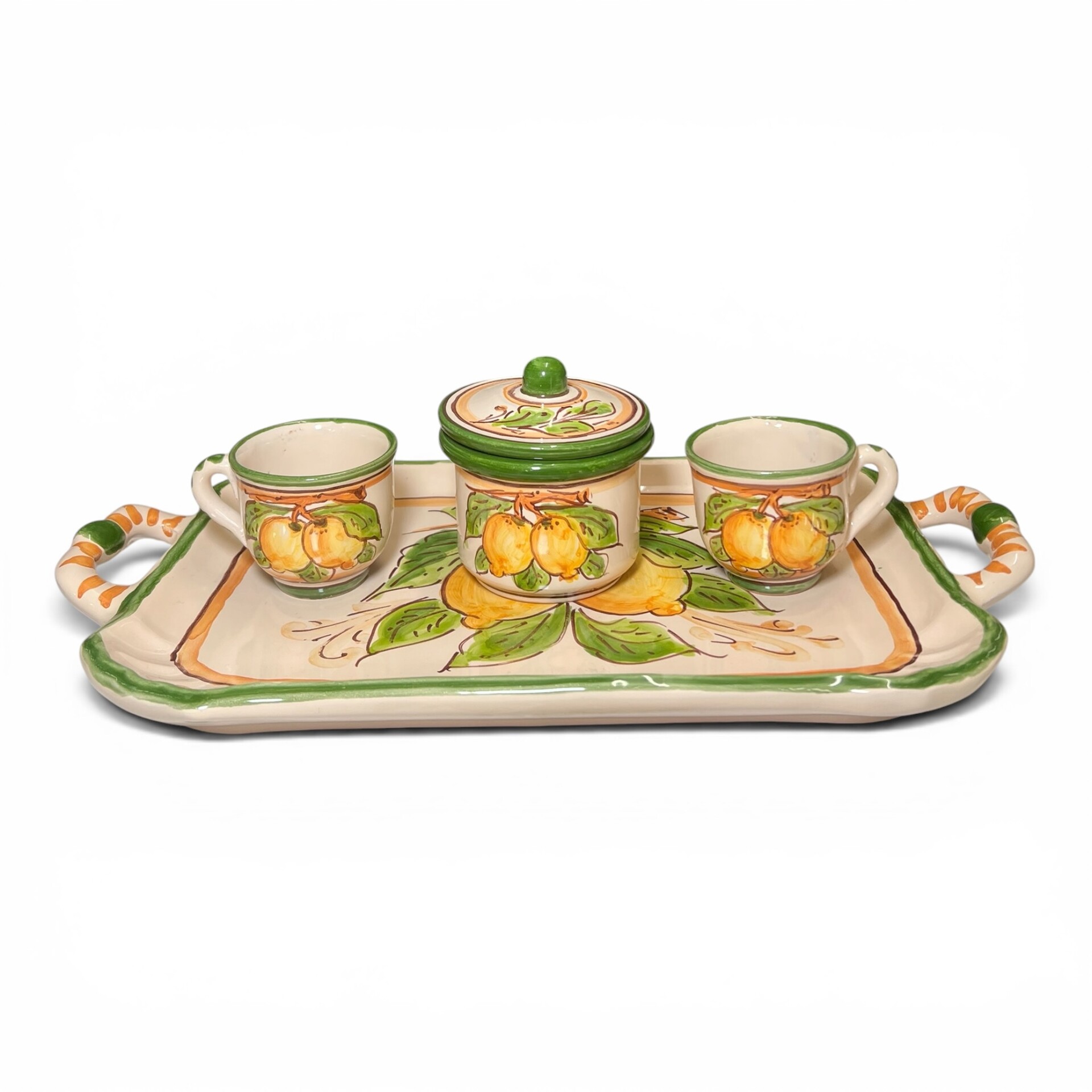 Set 6 tazzine da caffé con vassoio e zuccheriera decoro con limoni popolare Produzione artigianale di Santo Stefano di Camastra Lunghezza 35cm