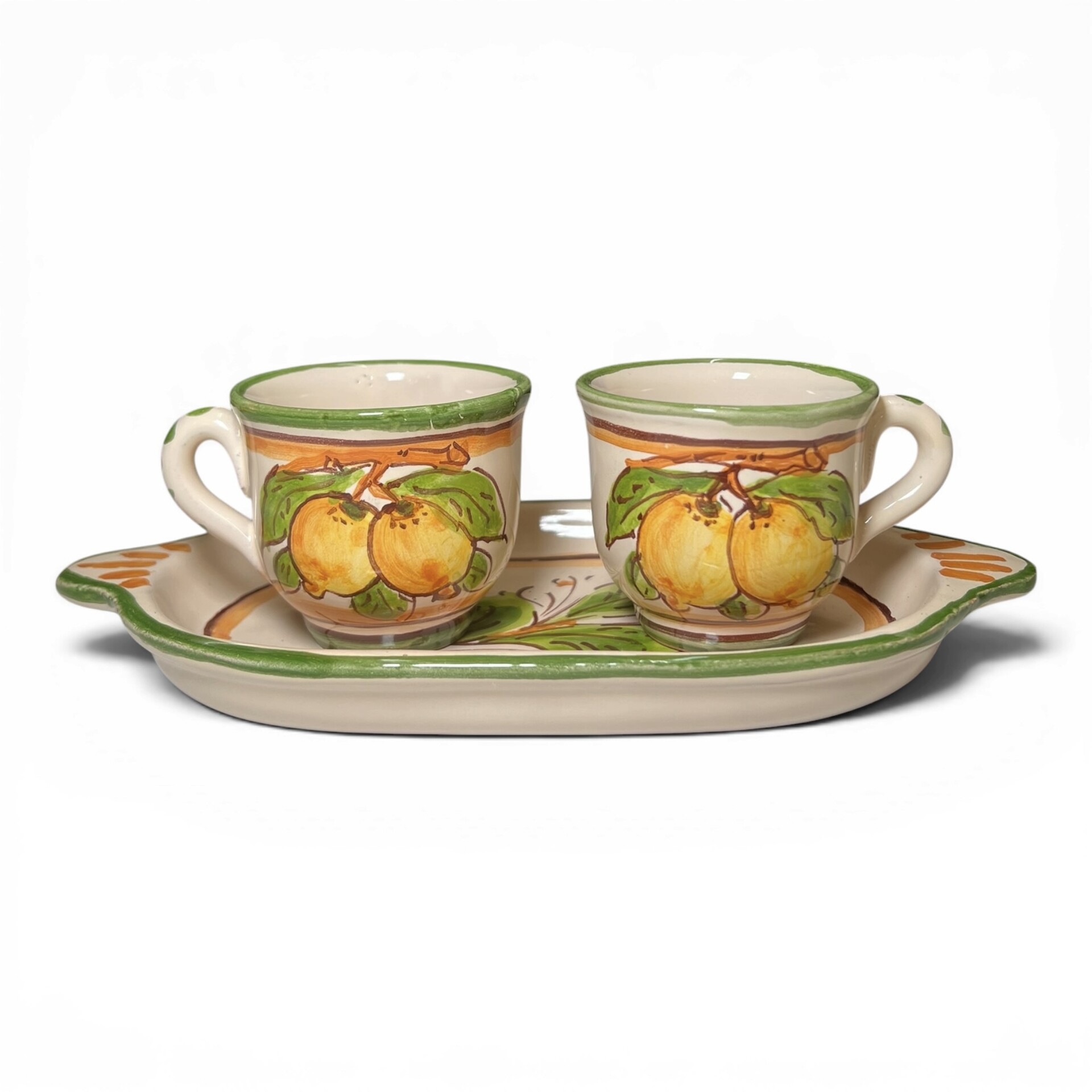 Set caffè due tazzine tête-à-tête con vassoio decoro con limoni popolare in ceramica siciliana Produzione artigianale di Santo Stefano di Camastra lunghezza 20cm