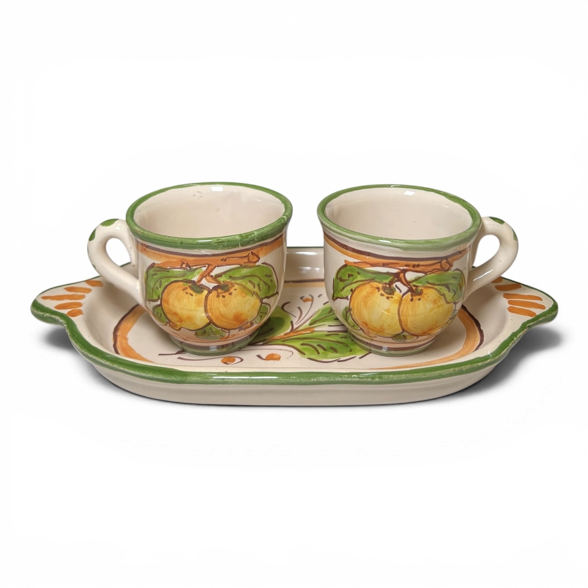 Set caffè due tazzine tête-à-tête con vassoio decoro con limoni popolare in ceramica siciliana Produzione artigianale di Santo Stefano di Camastra lunghezza 20cm